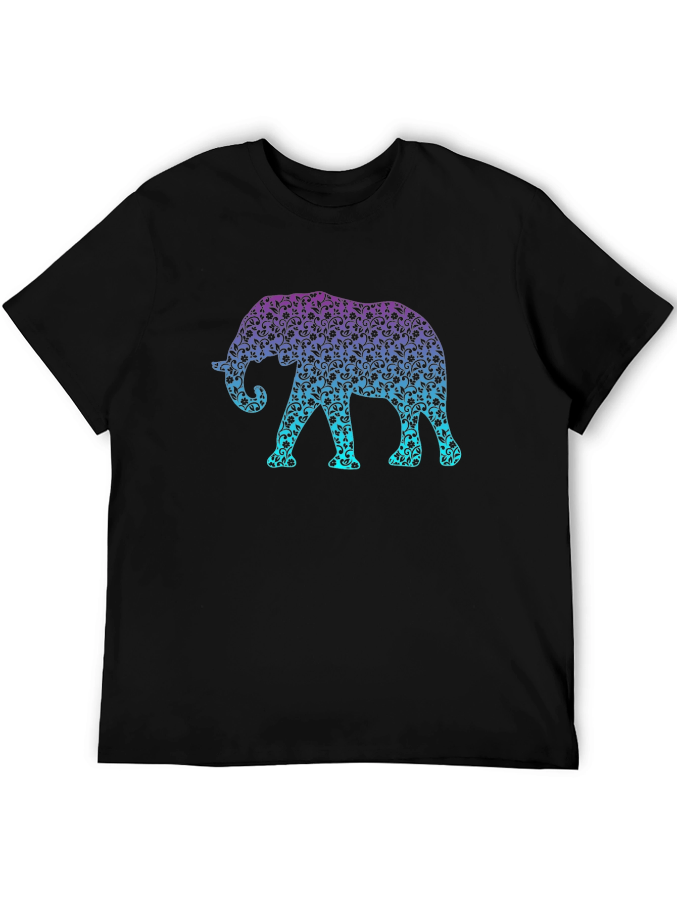 Elephant Print Crew Neck Mens Black T-Shirt