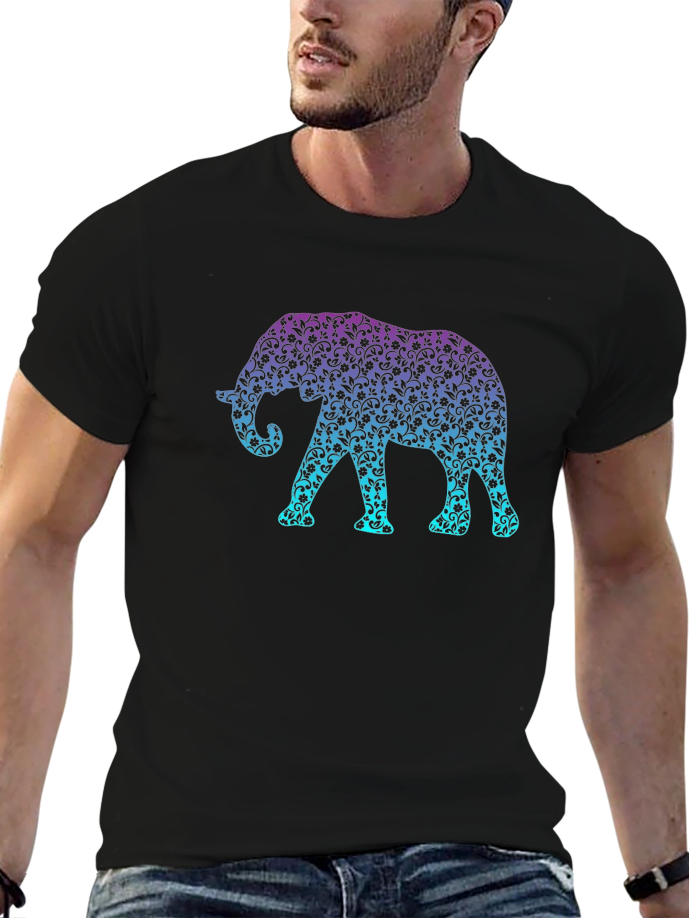 Elephant Print Crew Neck Mens Black T-Shirt
