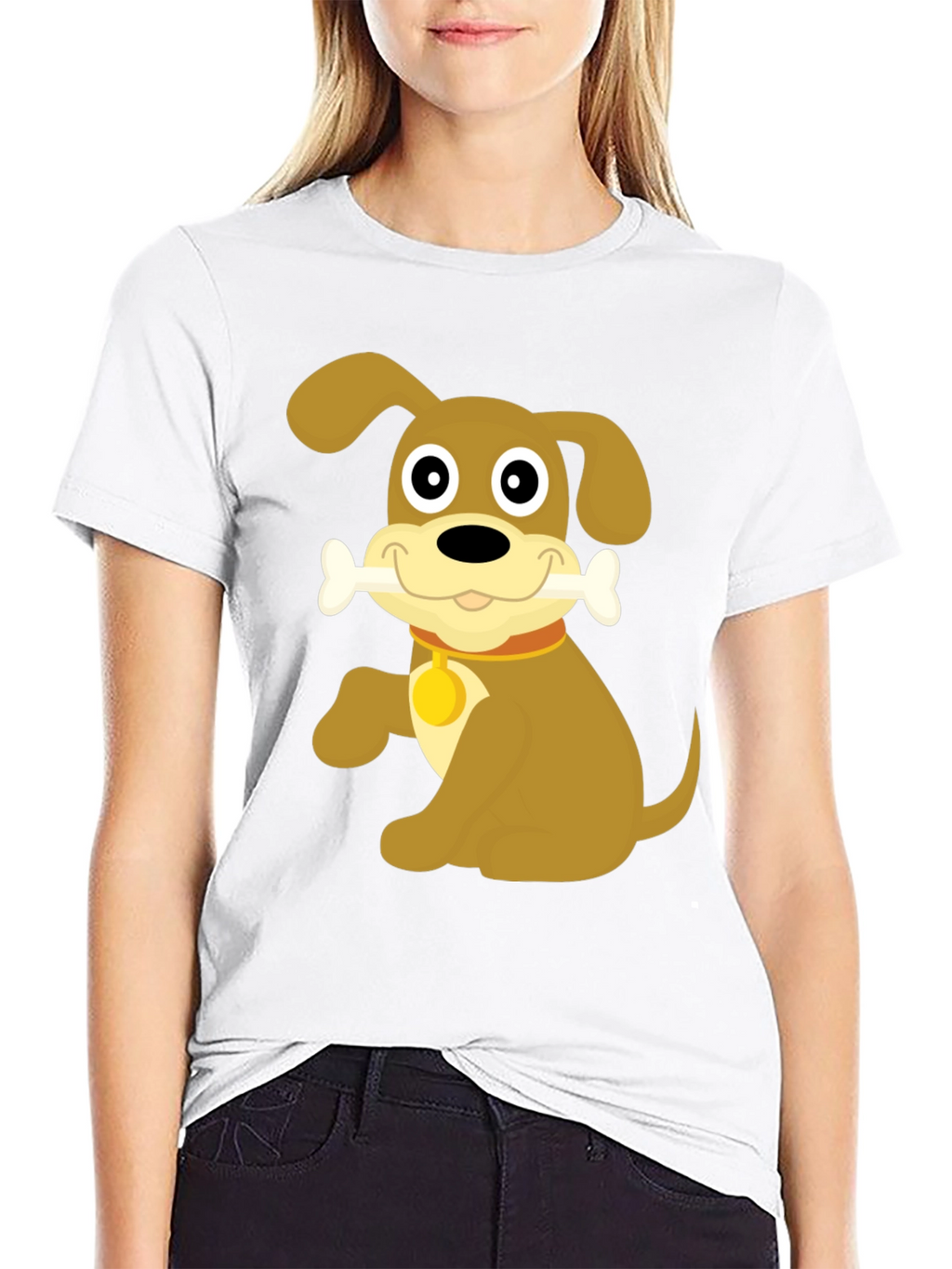 Cute Dog Bone Cartoon Black T-Shirt