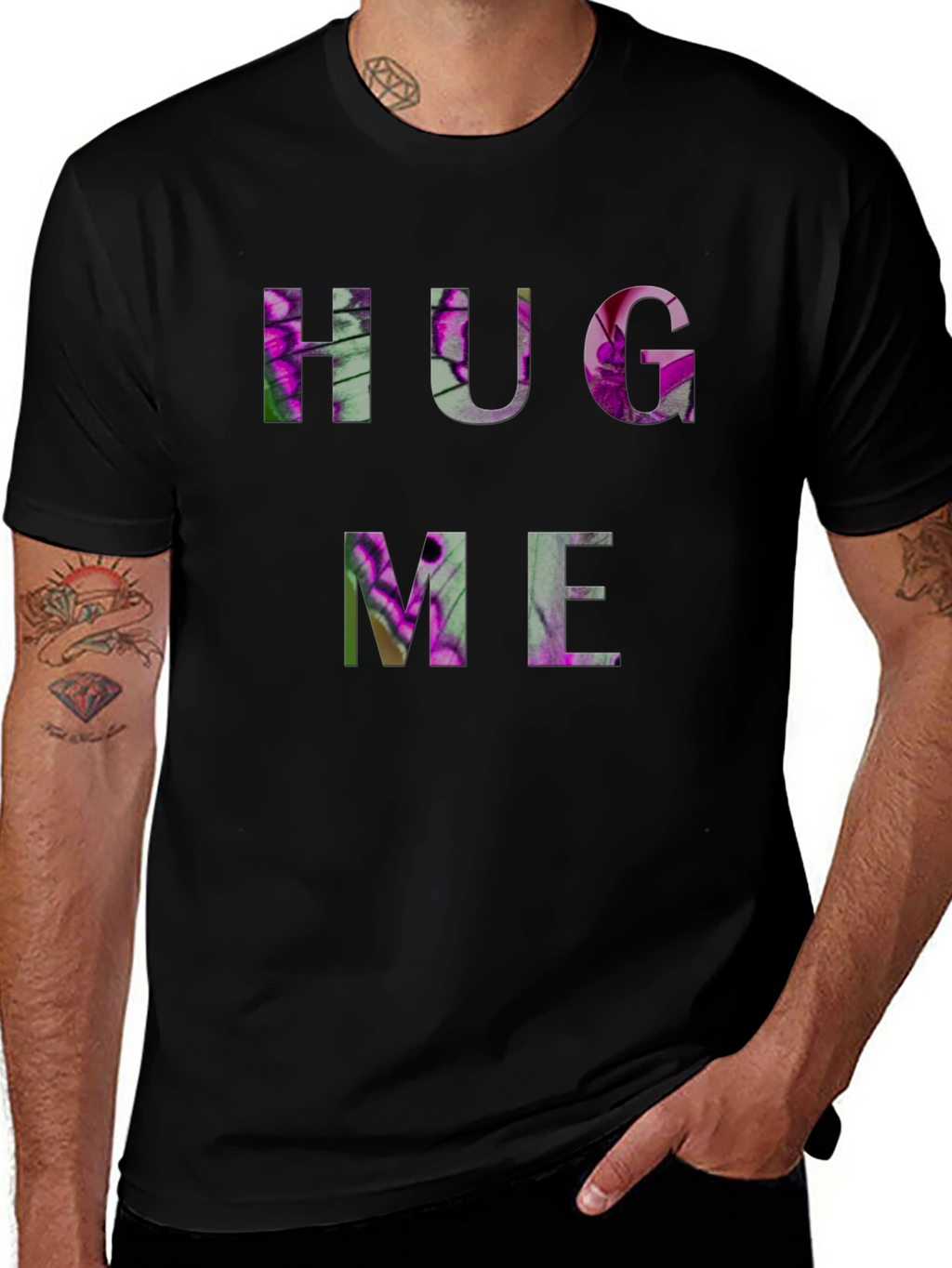 HUG ME Floral Graphic Black T-Shirt