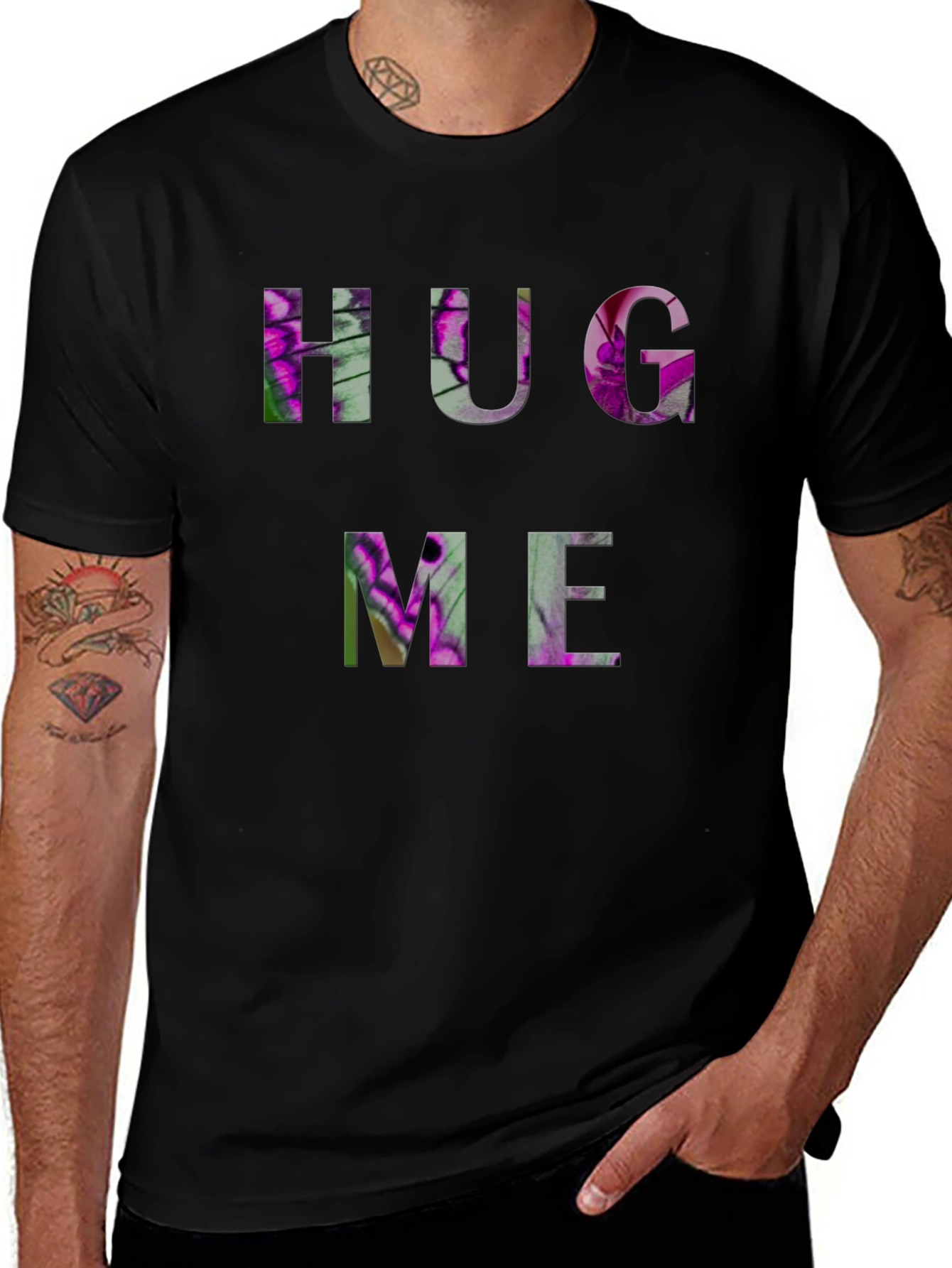 HUG ME Floral Graphic Black T-Shirt