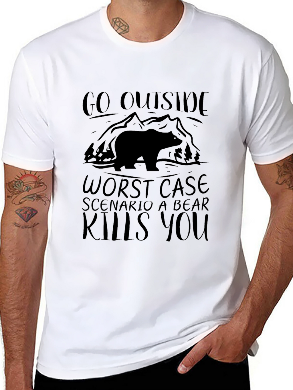 Go Outside Bear Kills You Black Tee