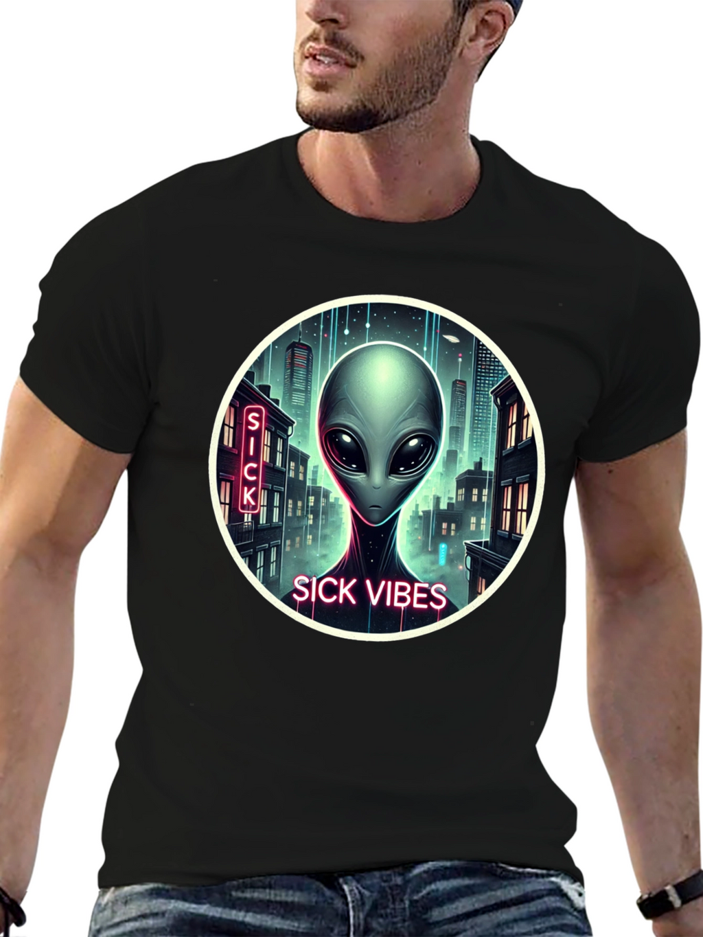 Sick Vibes Alien Graphic Black T-Shirt