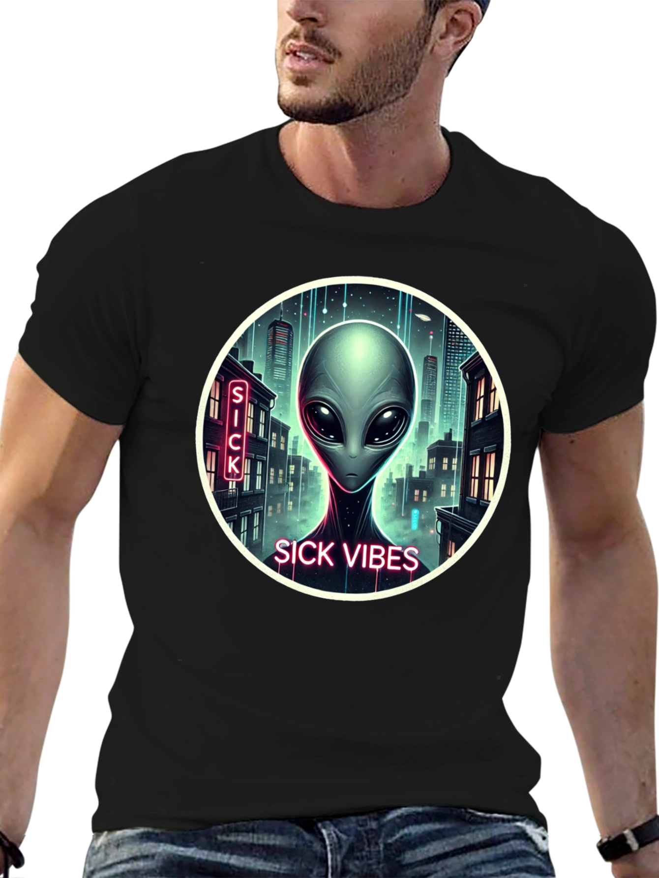 Sick Vibes Alien Graphic Black T-Shirt