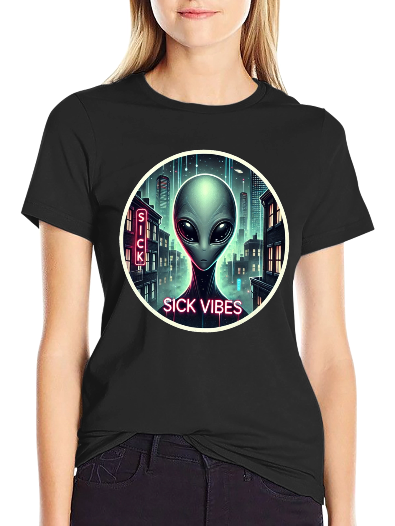 Sick Vibes Alien Graphic Black T-Shirt
