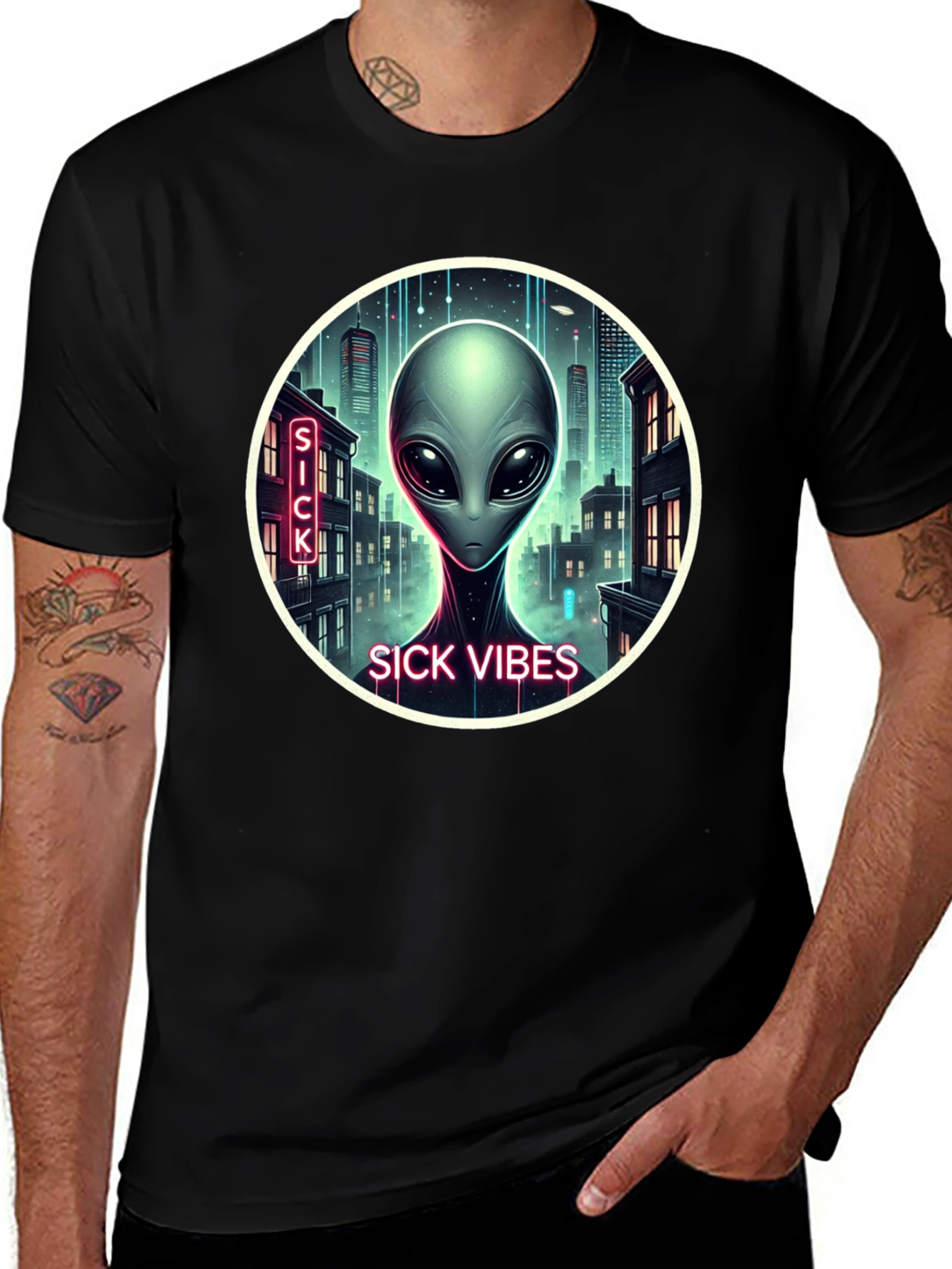 Sick Vibes Alien Graphic Black T-Shirt