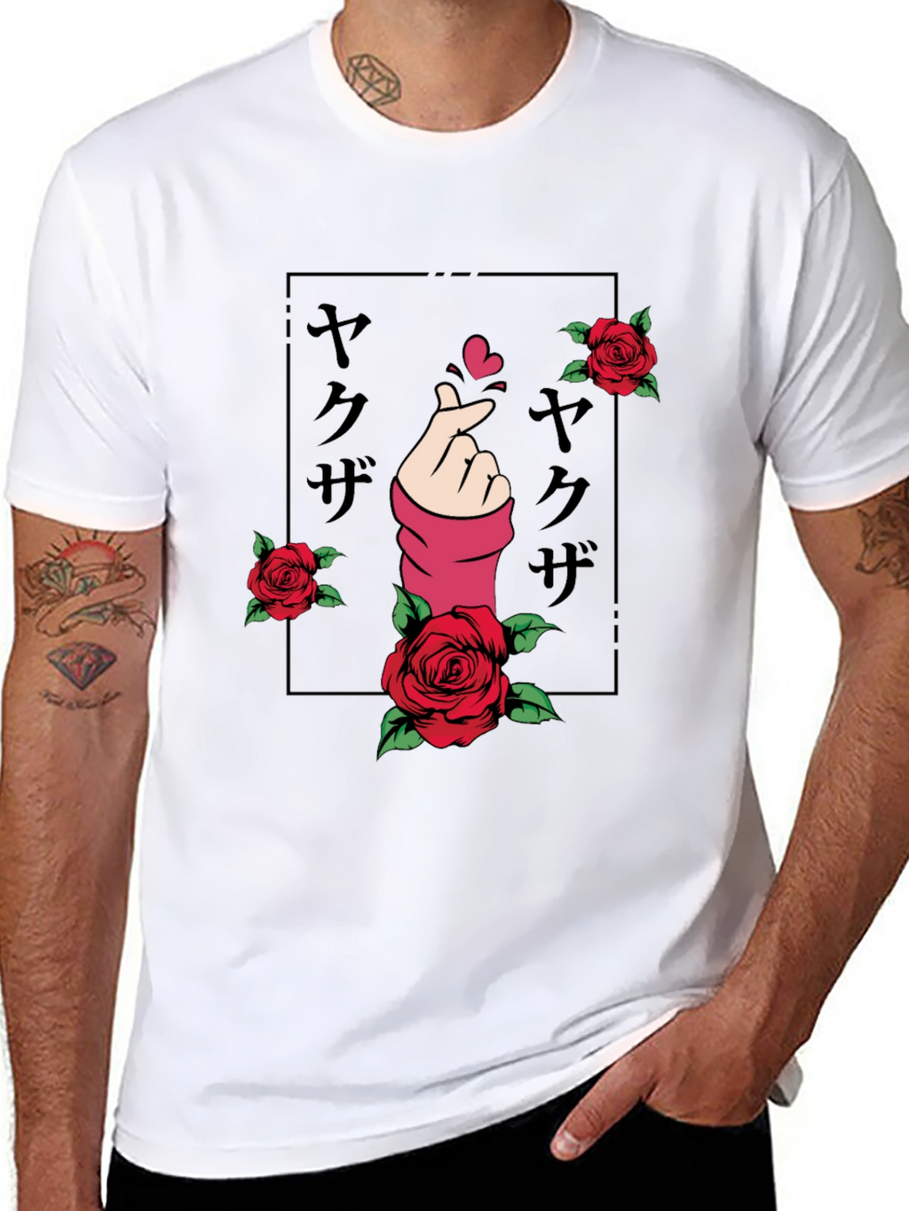 Yakuza Hand Heart Rose Graphic Black T-Shirt
