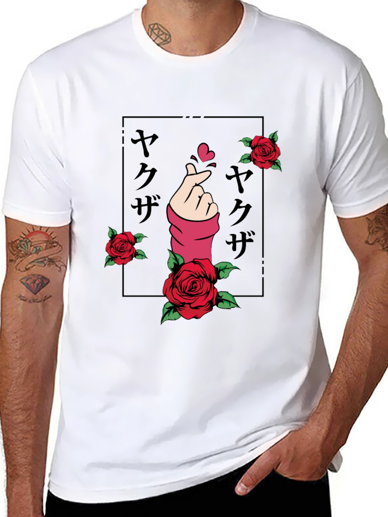 Yakuza Hand Heart Rose Graphic Black T-Shirt
