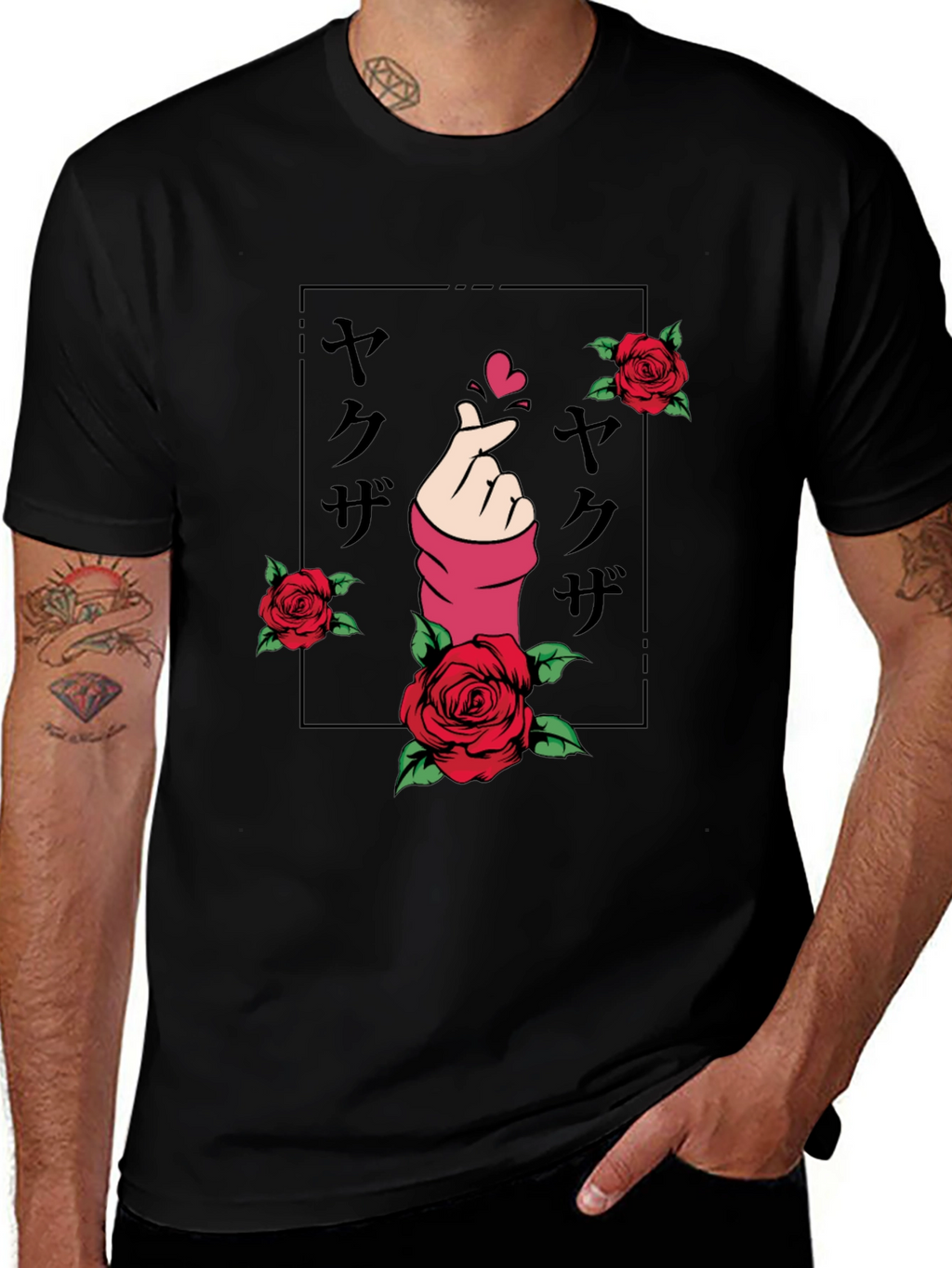 Yakuza Hand Heart Rose Graphic Black T-Shirt