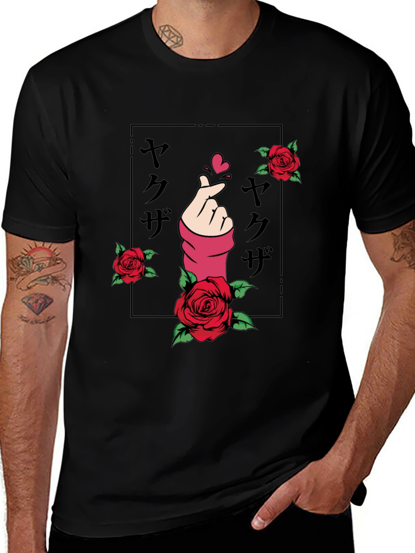 Yakuza Hand Heart Rose Graphic Black T-Shirt