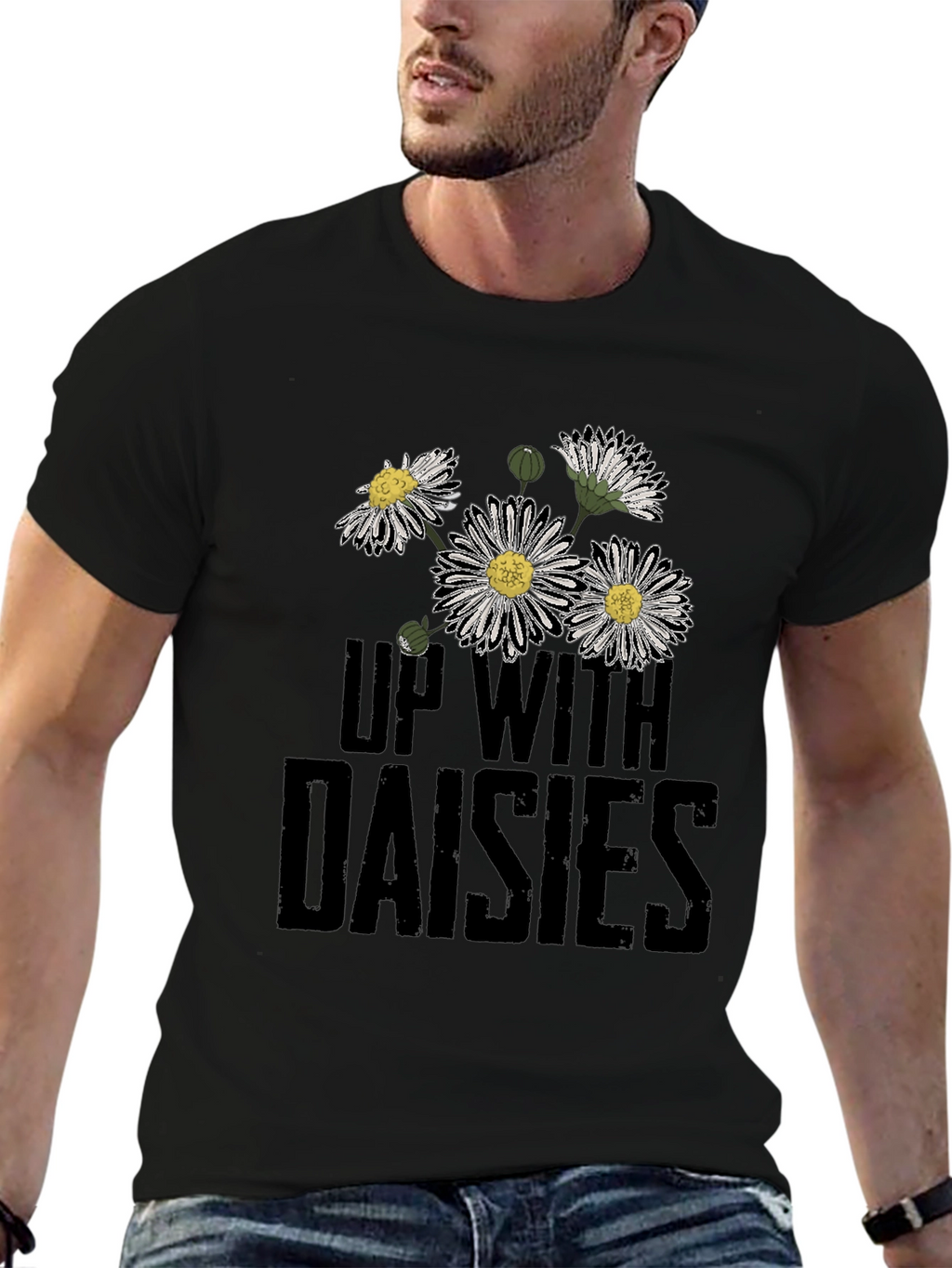 Up With Daisies Graphic Print Black T-Shirt
