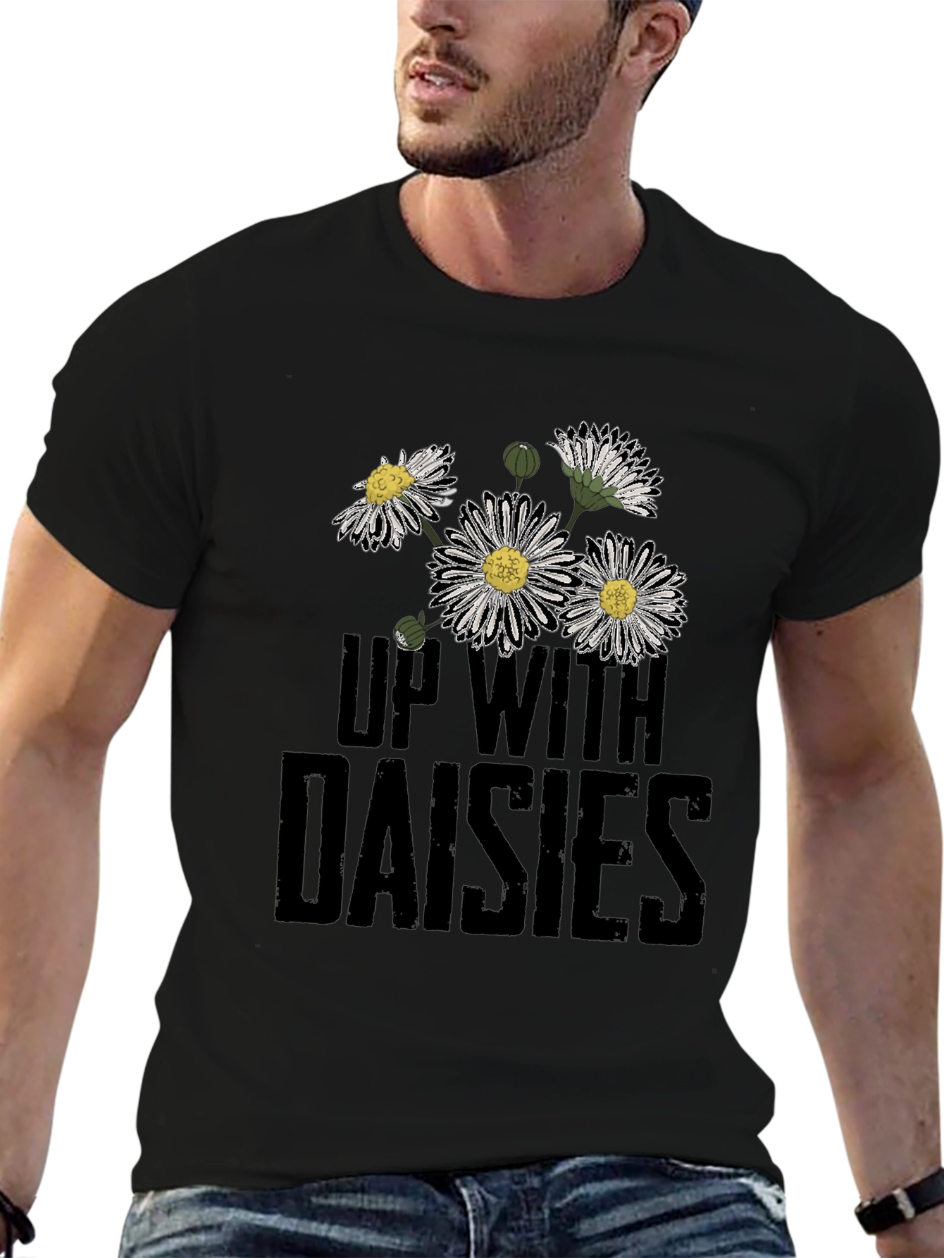 Up With Daisies Graphic Print Black T-Shirt