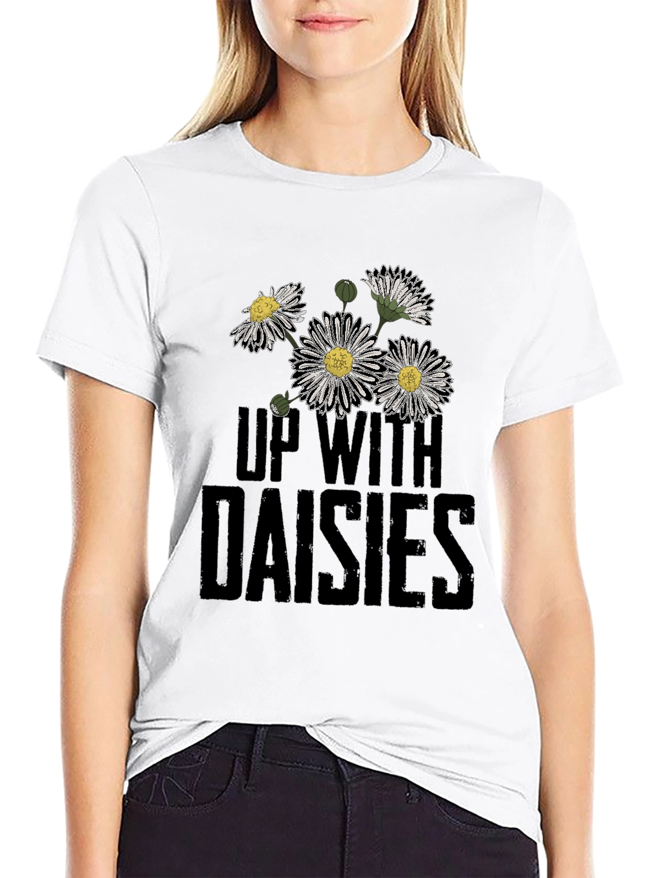 Up With Daisies Graphic Print Black T-Shirt