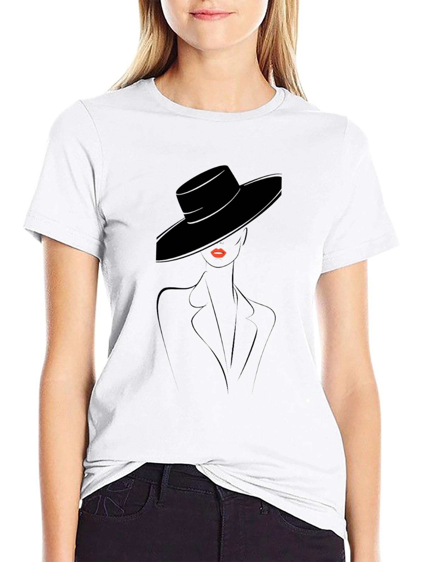 Stylish Black T-Shirt with Elegant Woman Design