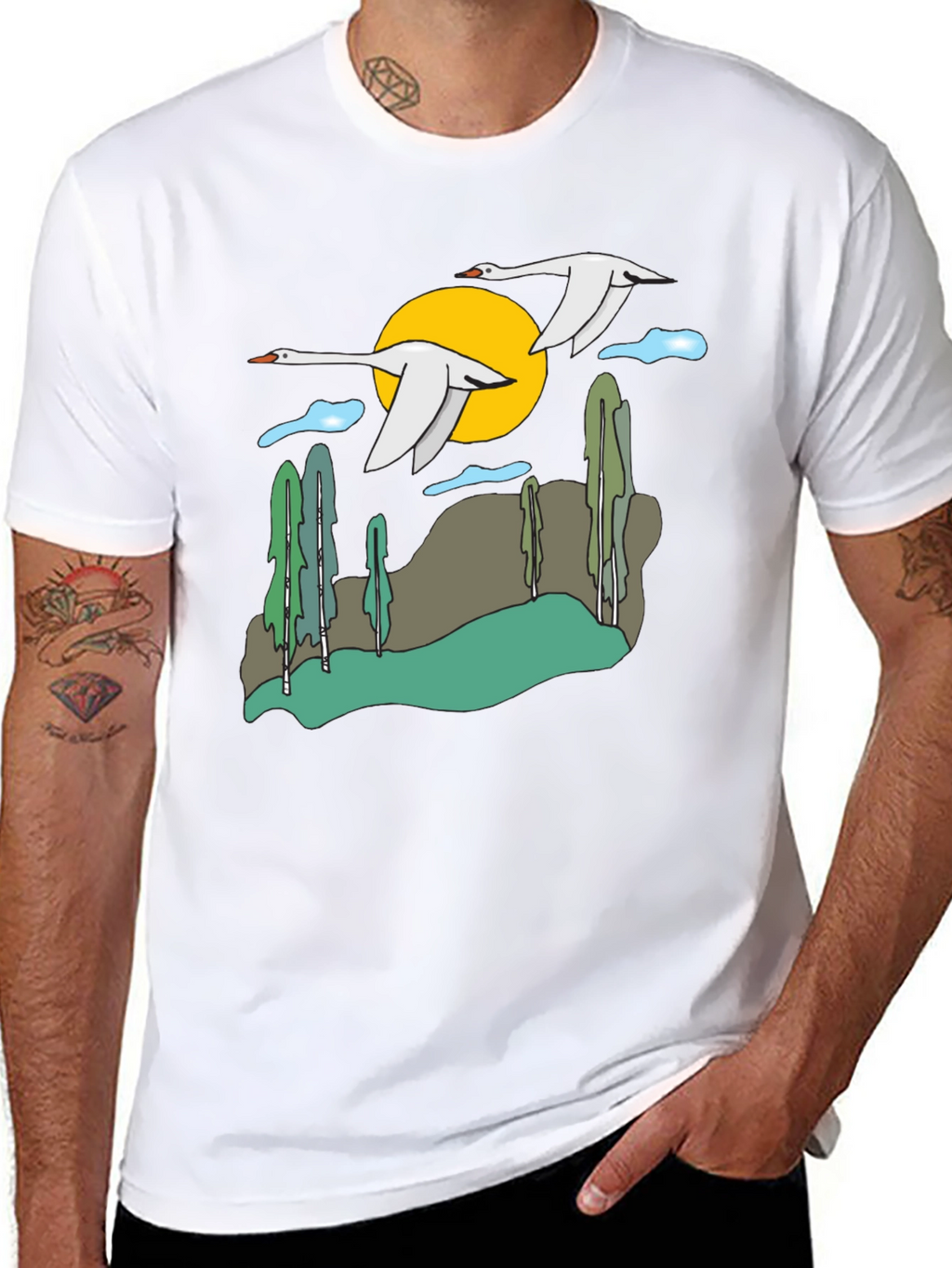 Nature Swans Graphic T-Shirt - Black Cotton Blend