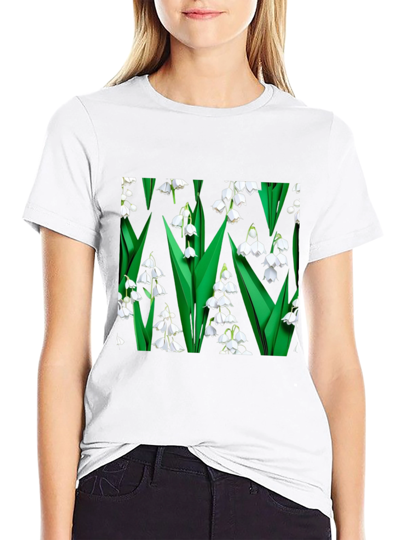 Lily of the Valley Print Black T-Shirt