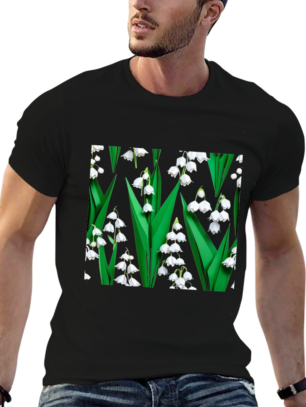 Lily of the Valley Print Black T-Shirt