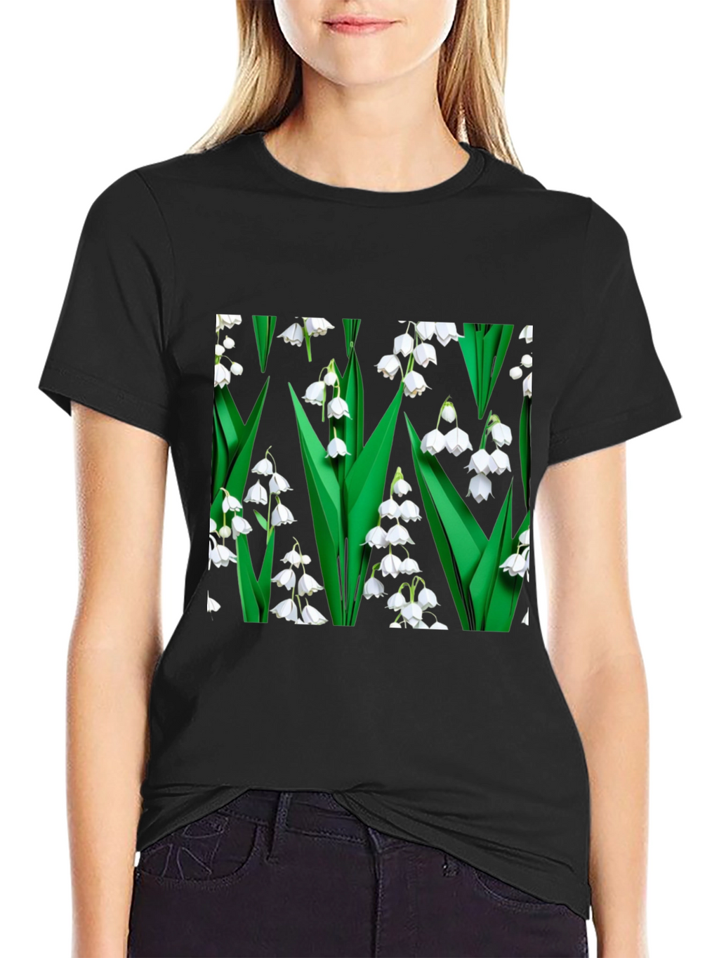 Lily of the Valley Print Black T-Shirt