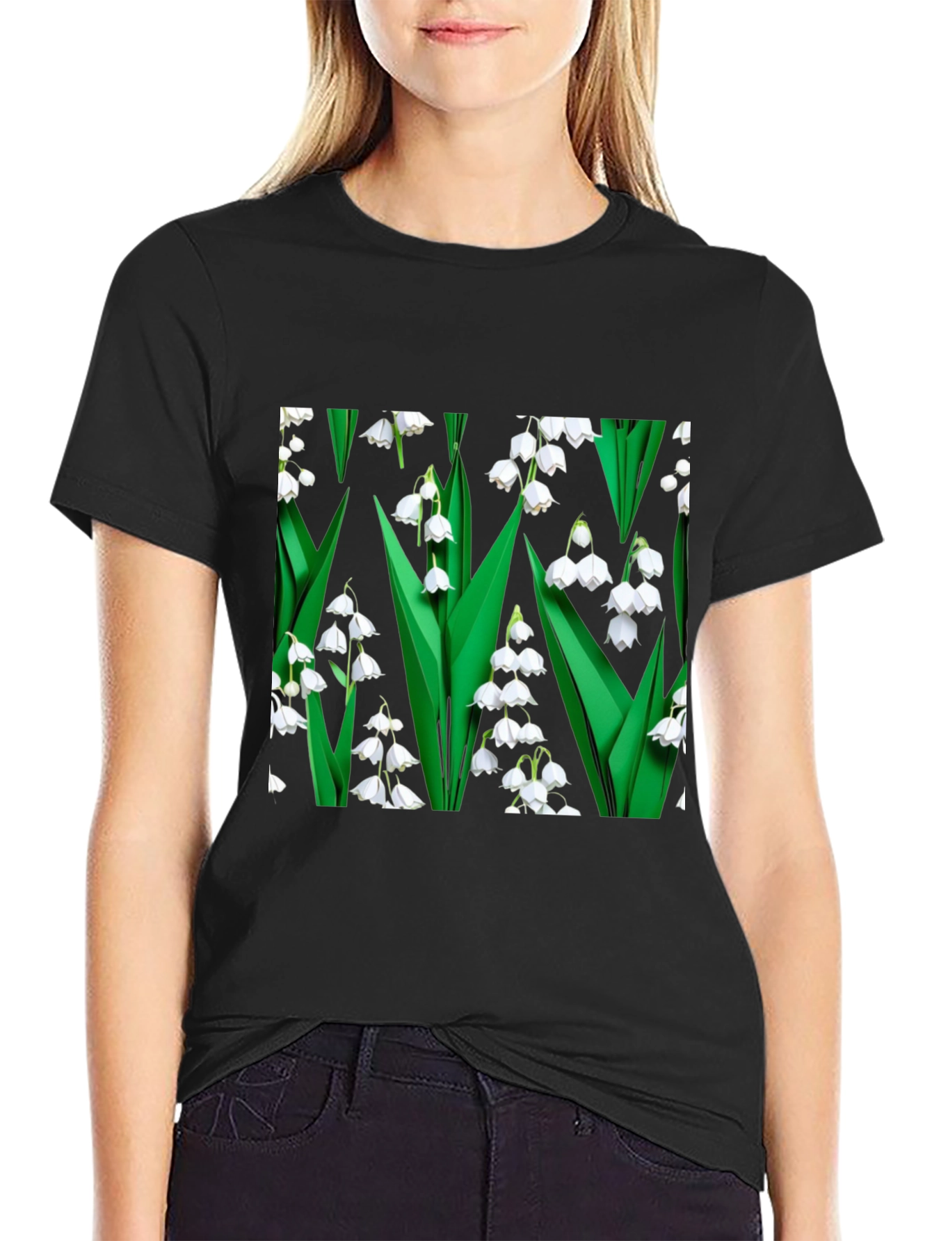 Lily of the Valley Print Black T-Shirt