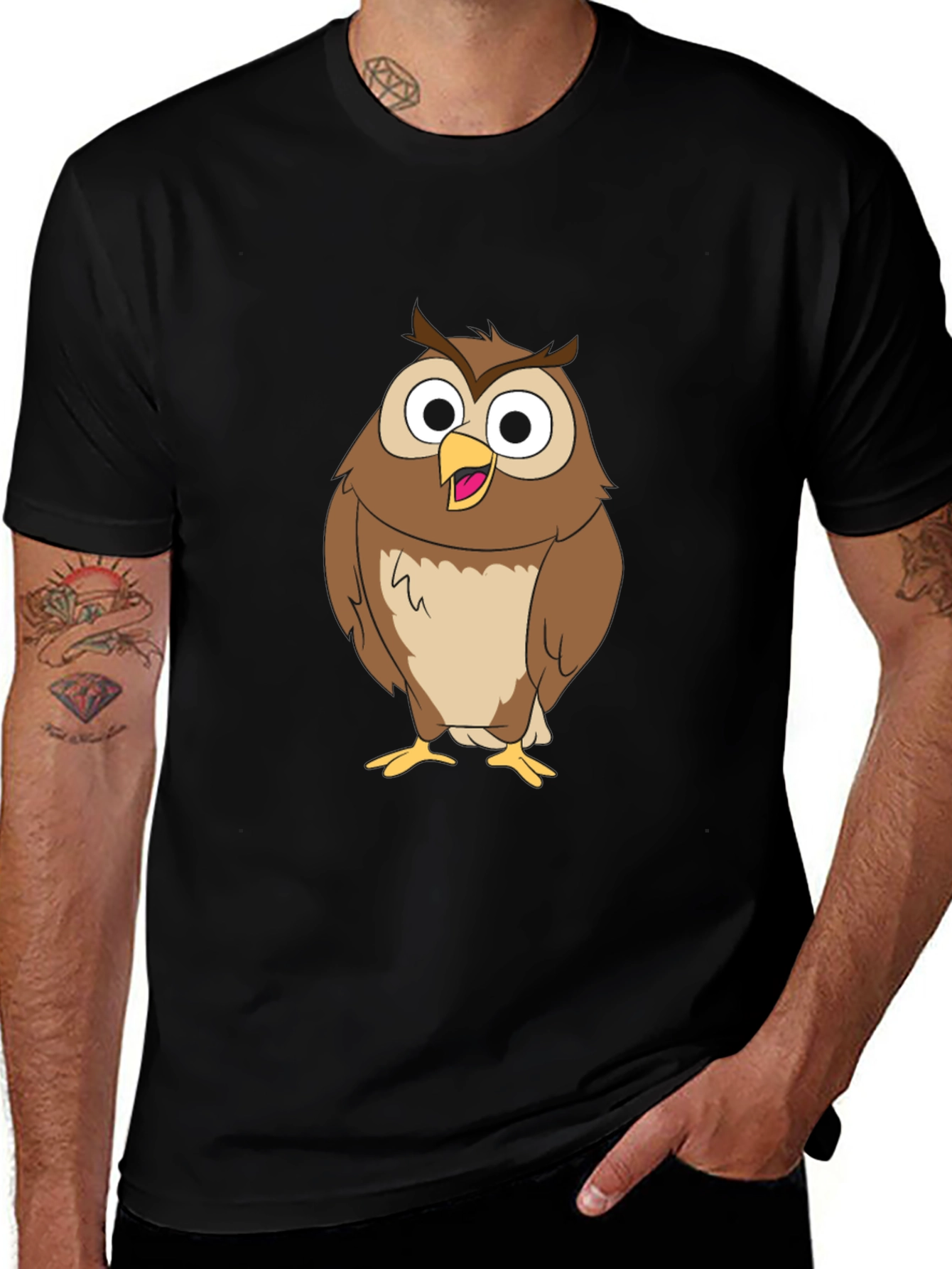 Funny Owl Graphic Print Black T-Shirt