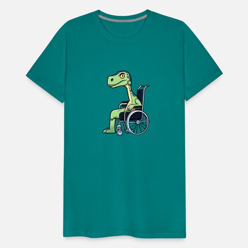a broken legged dinosaur on wheelchair