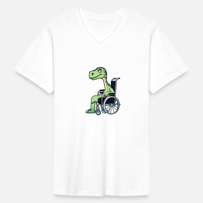 a broken legged dinosaur on wheelchair