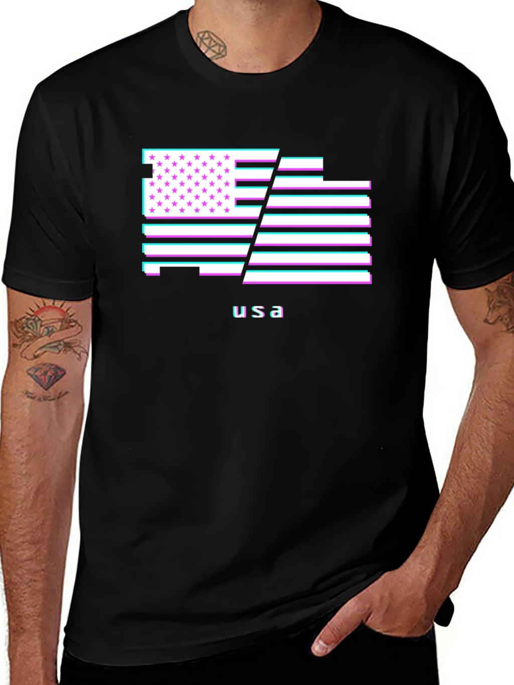 USA Flag Glitch T-Shirt - Patriotic Style