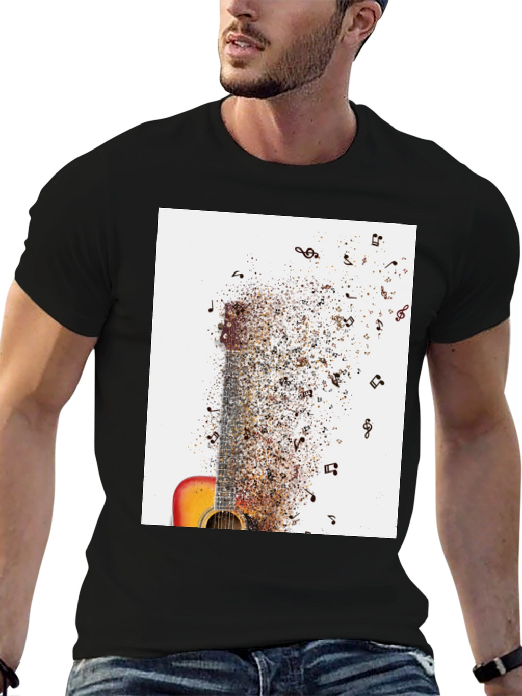 Guitar Music Notes Mens Black Graphic Tee