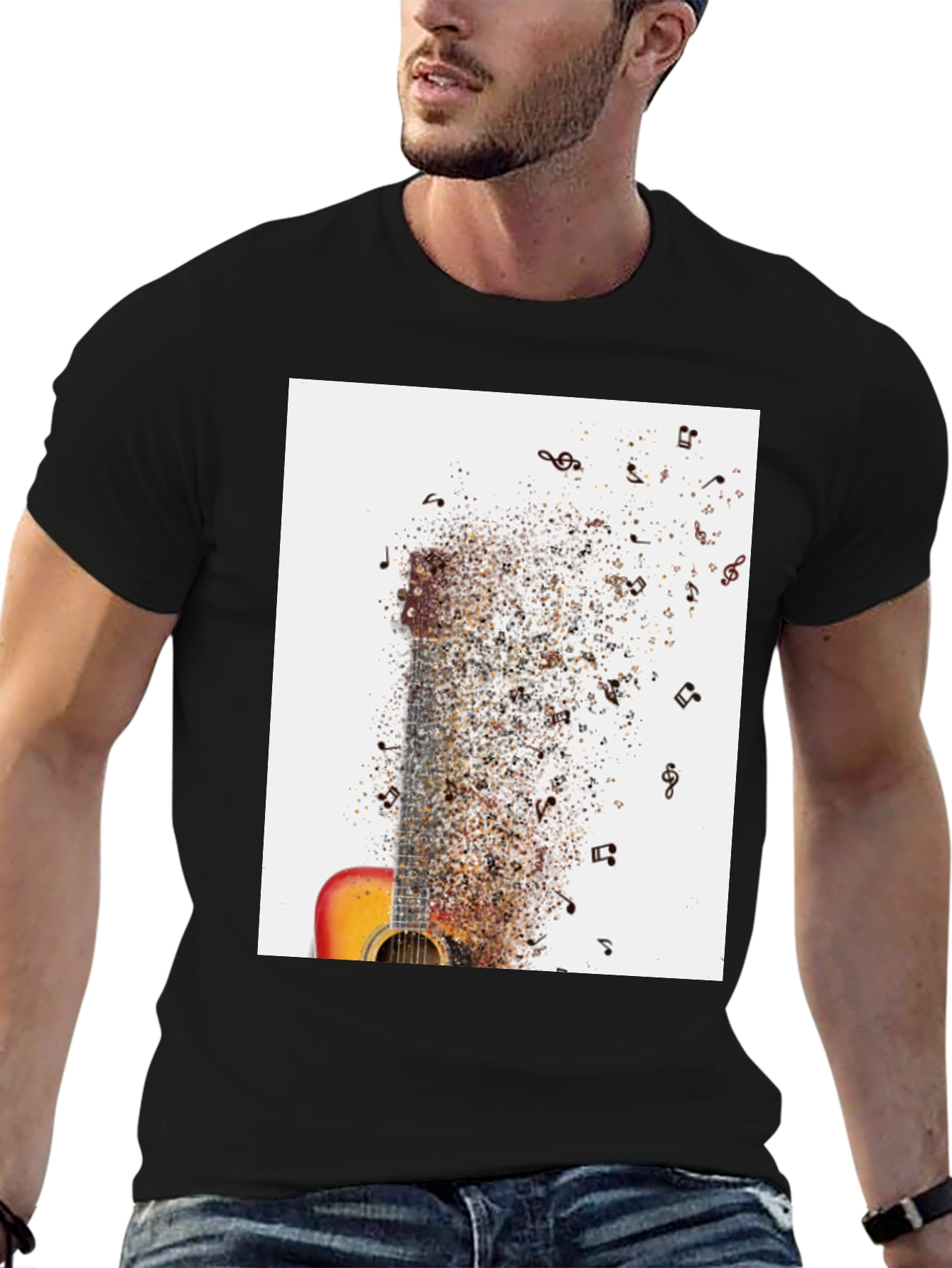 Guitar Music Notes Mens Black Graphic Tee