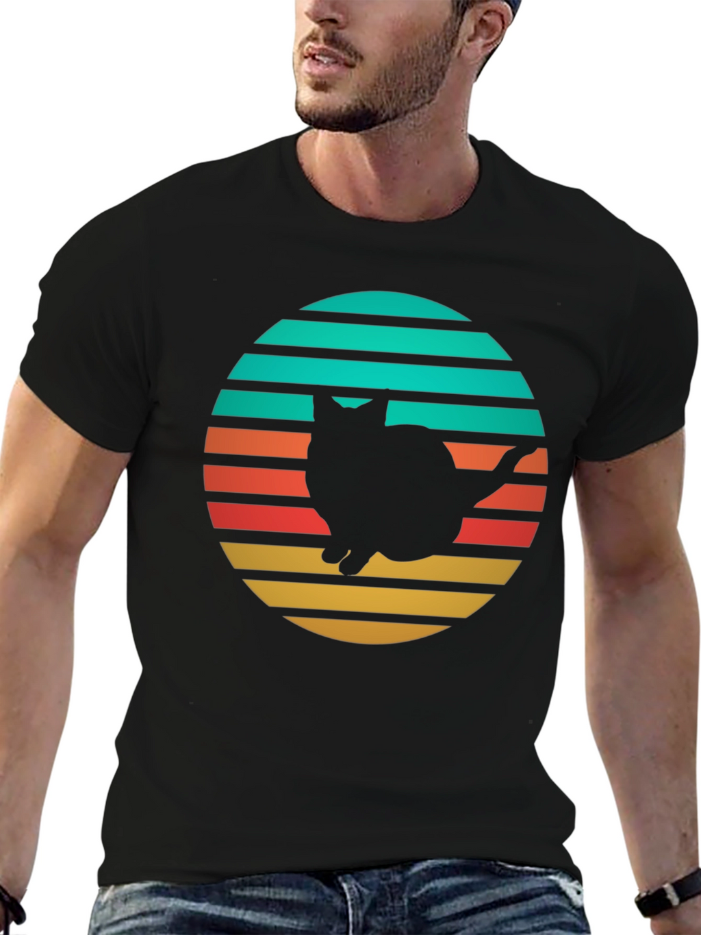 Retro Cat Silhouette T-Shirt - Black