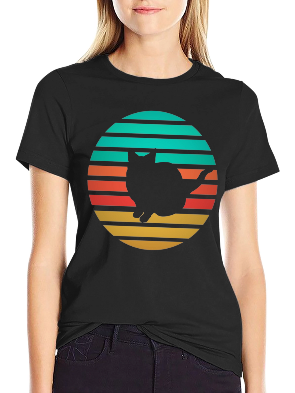 Retro Cat Silhouette T-Shirt - Black