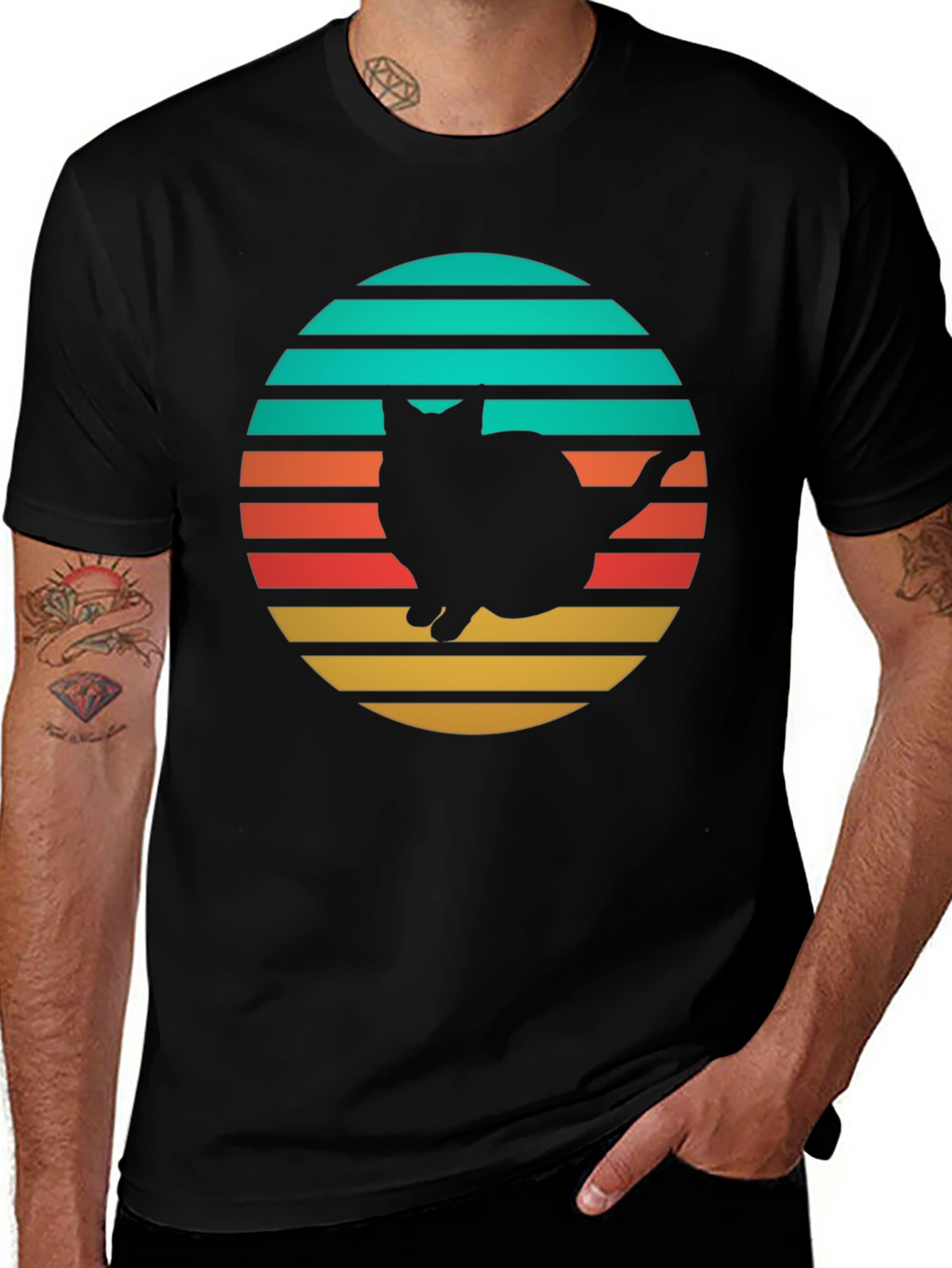 Retro Cat Silhouette T-Shirt - Black