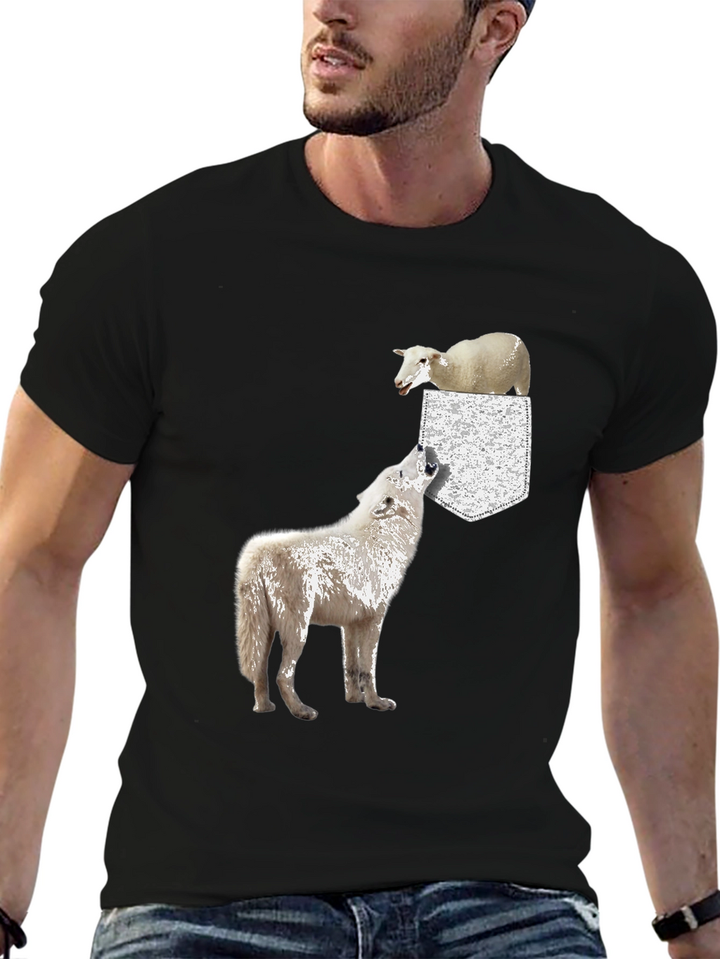Wolf and Sheep Pocket T-Shirt - Unique Graphic Tee