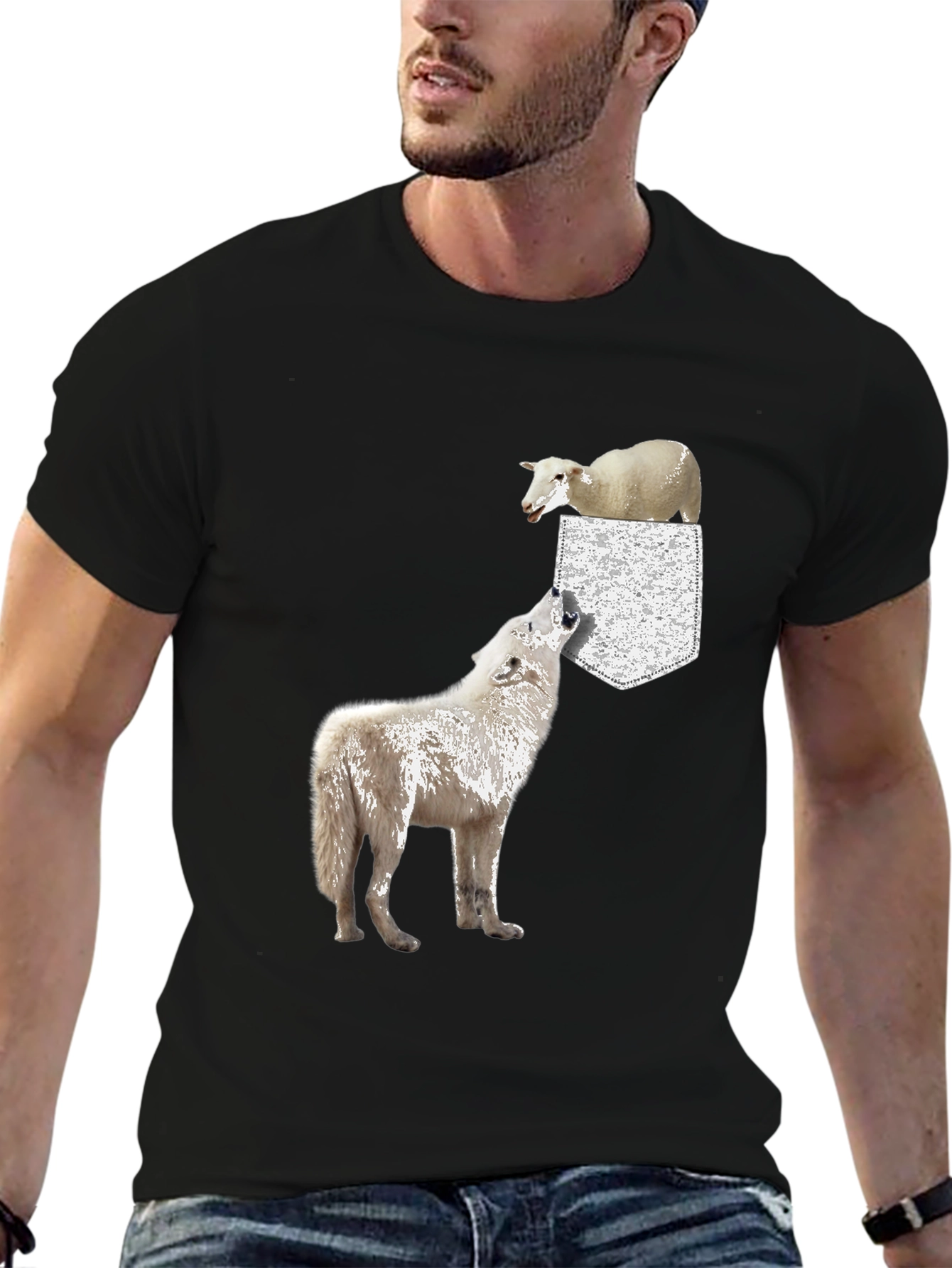 Wolf and Sheep Pocket T-Shirt - Unique Graphic Tee