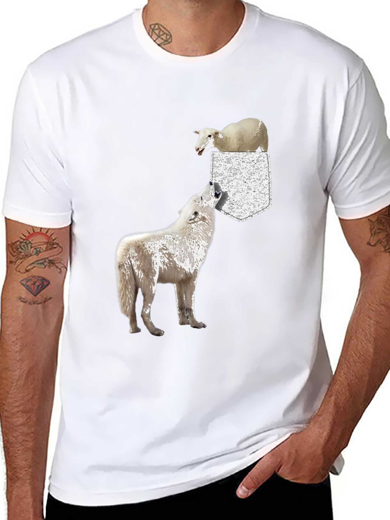 Wolf and Sheep Pocket T-Shirt - Unique Graphic Tee