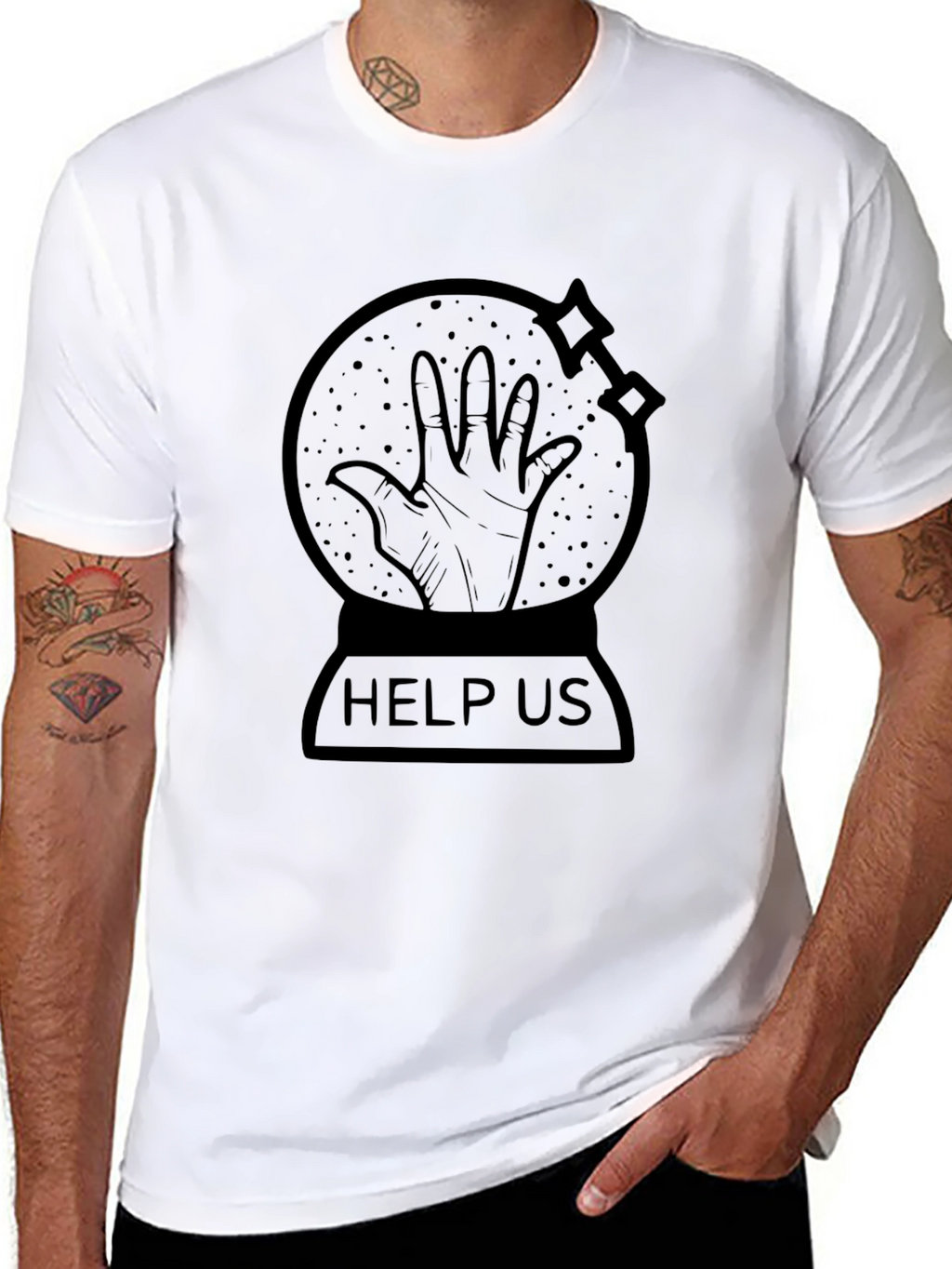 Distressed Help Us Graphic Print Crew Neck T-Shirt
