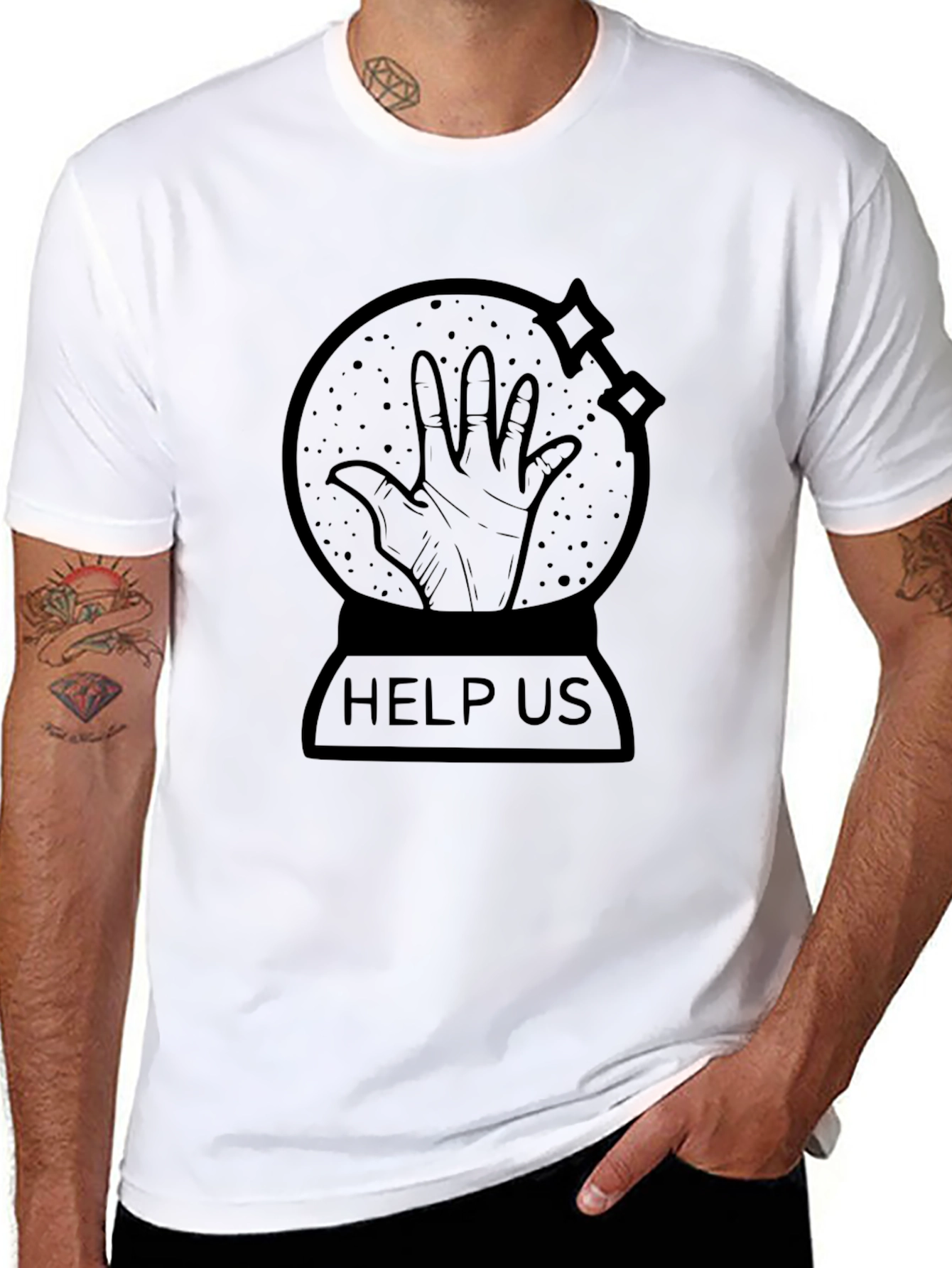 Distressed Help Us Graphic Print Crew Neck T-Shirt