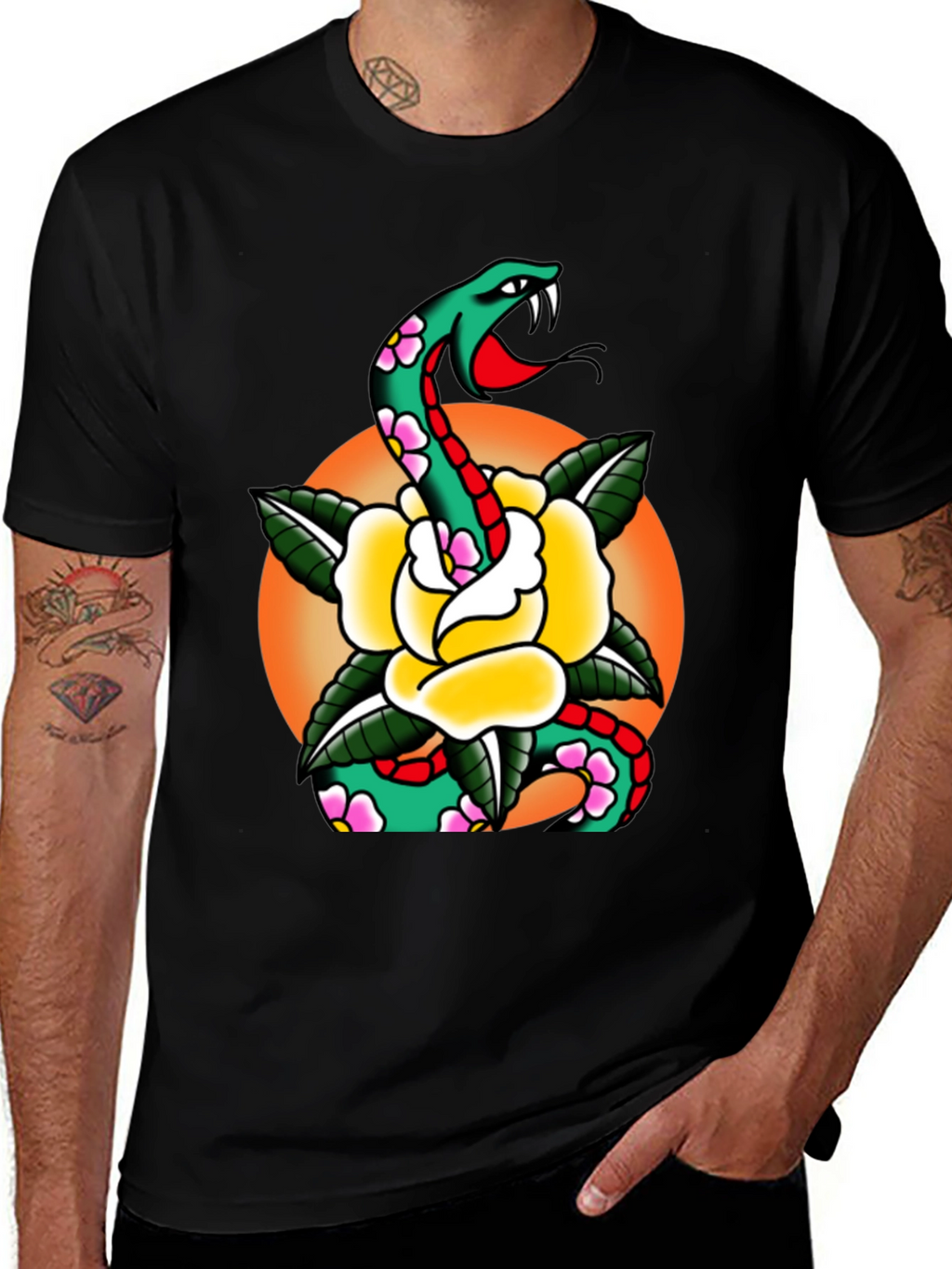 Snake & Rose Graphic Tee - Cool Tattoo Design