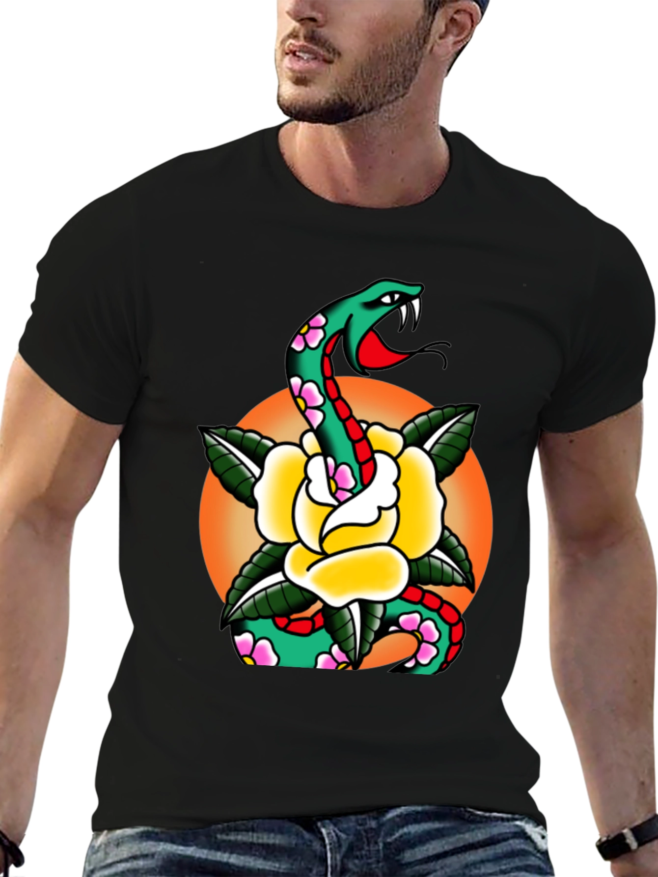 Snake & Rose Graphic Tee - Cool Tattoo Design