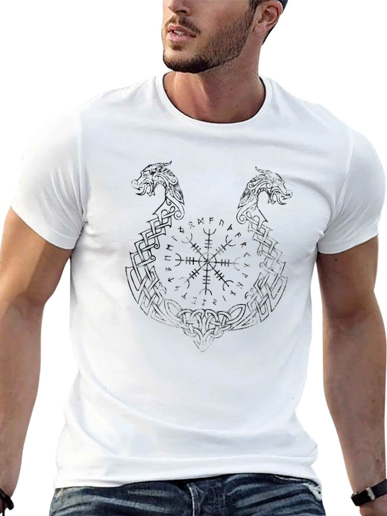 Mens Viking Dragon Runes T-Shirt - Black