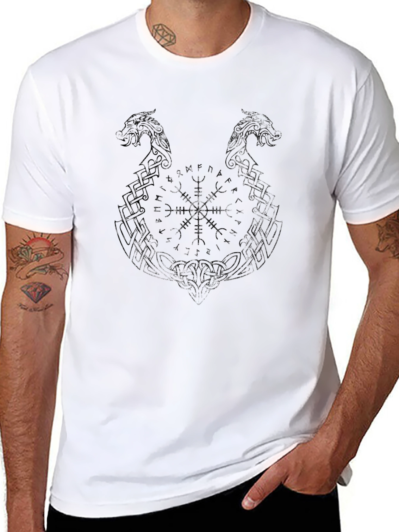 Mens Viking Dragon Runes T-Shirt - Black