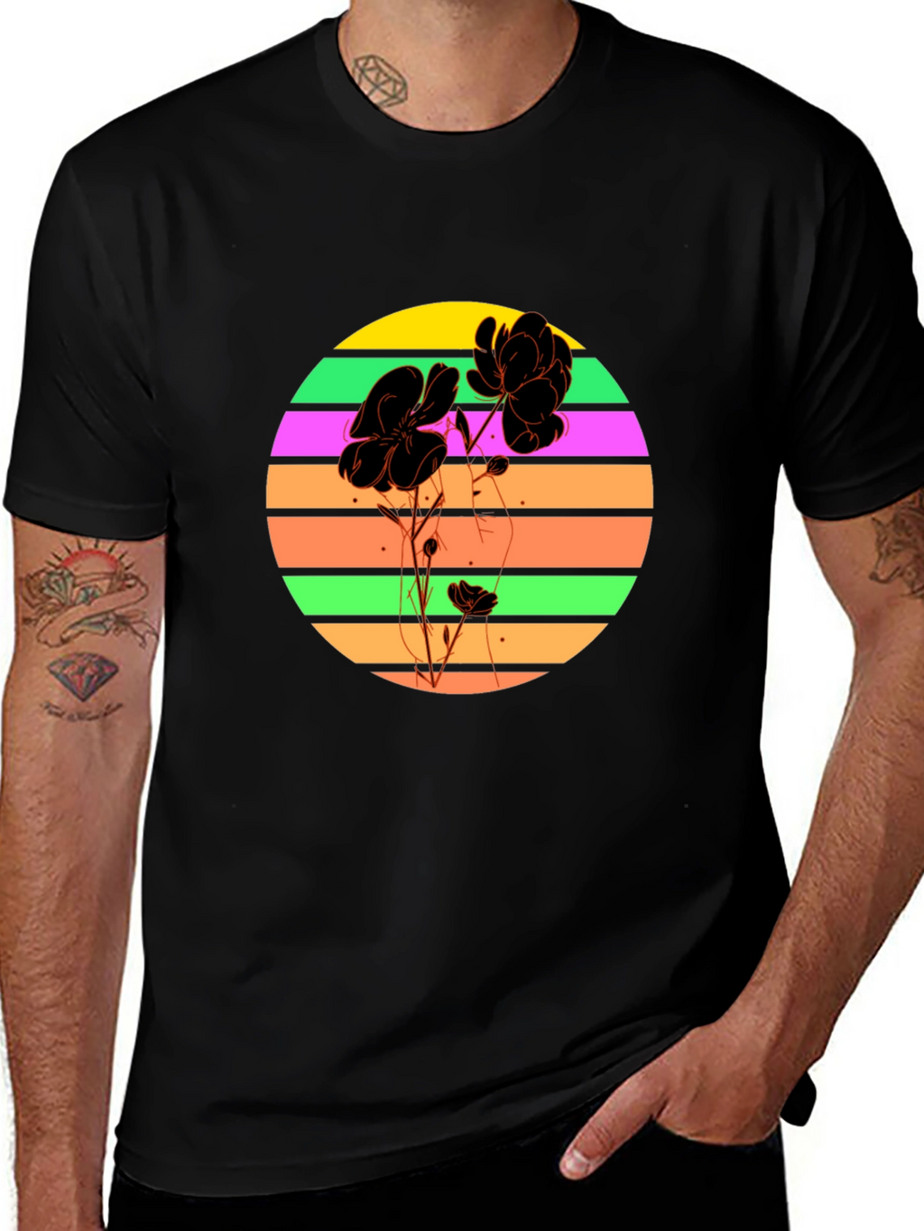 Retro Flower Graphic T-Shirt - Black