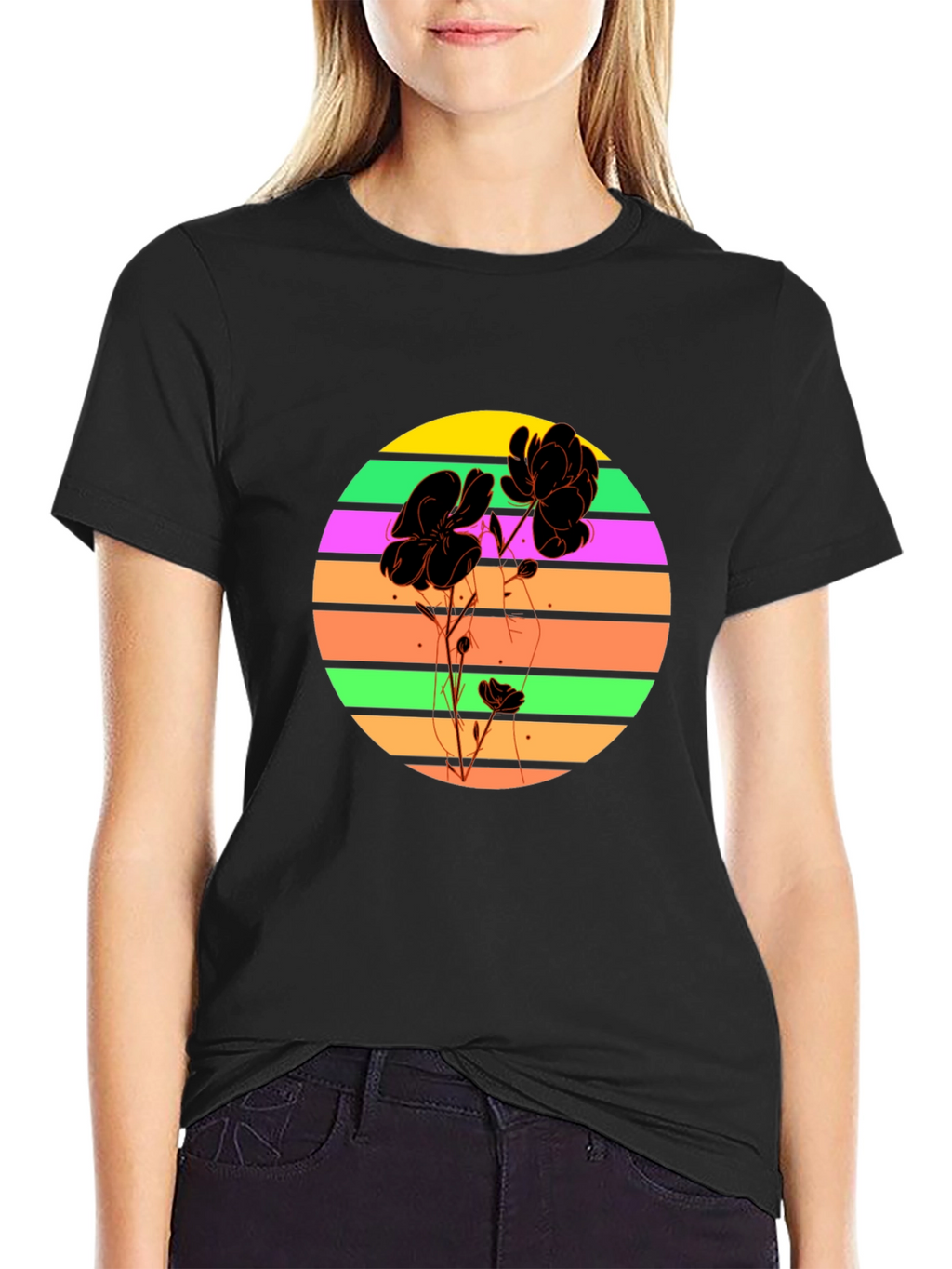 Retro Flower Graphic T-Shirt - Black