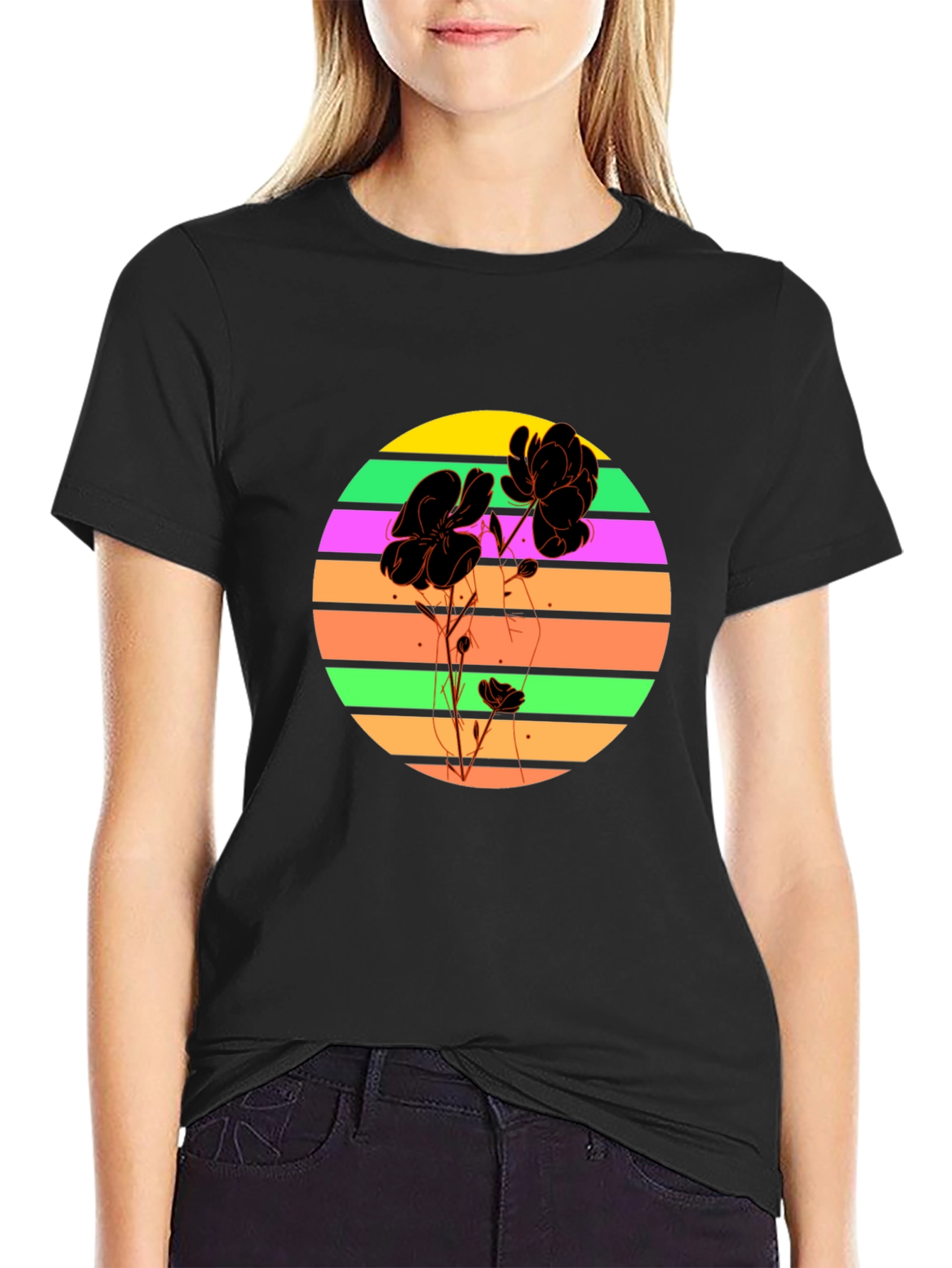 Retro Flower Graphic T-Shirt - Black