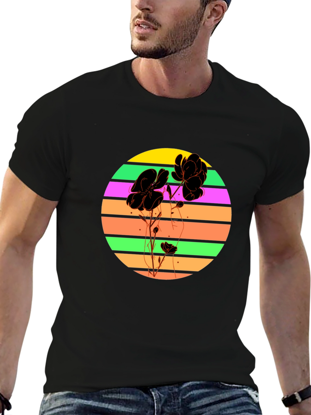 Retro Flower Graphic T-Shirt - Black