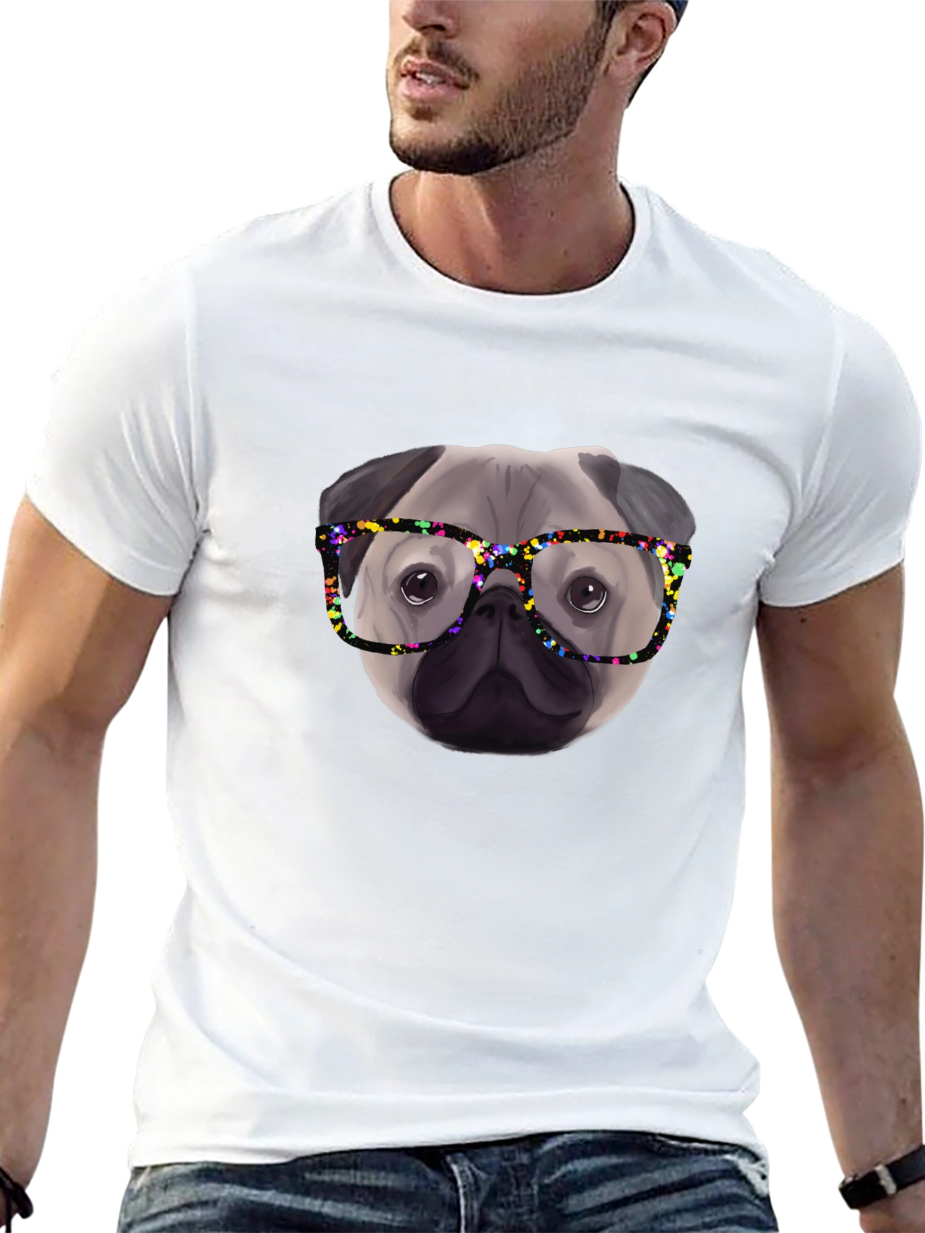 Pug with Glasses Black T-Shirt