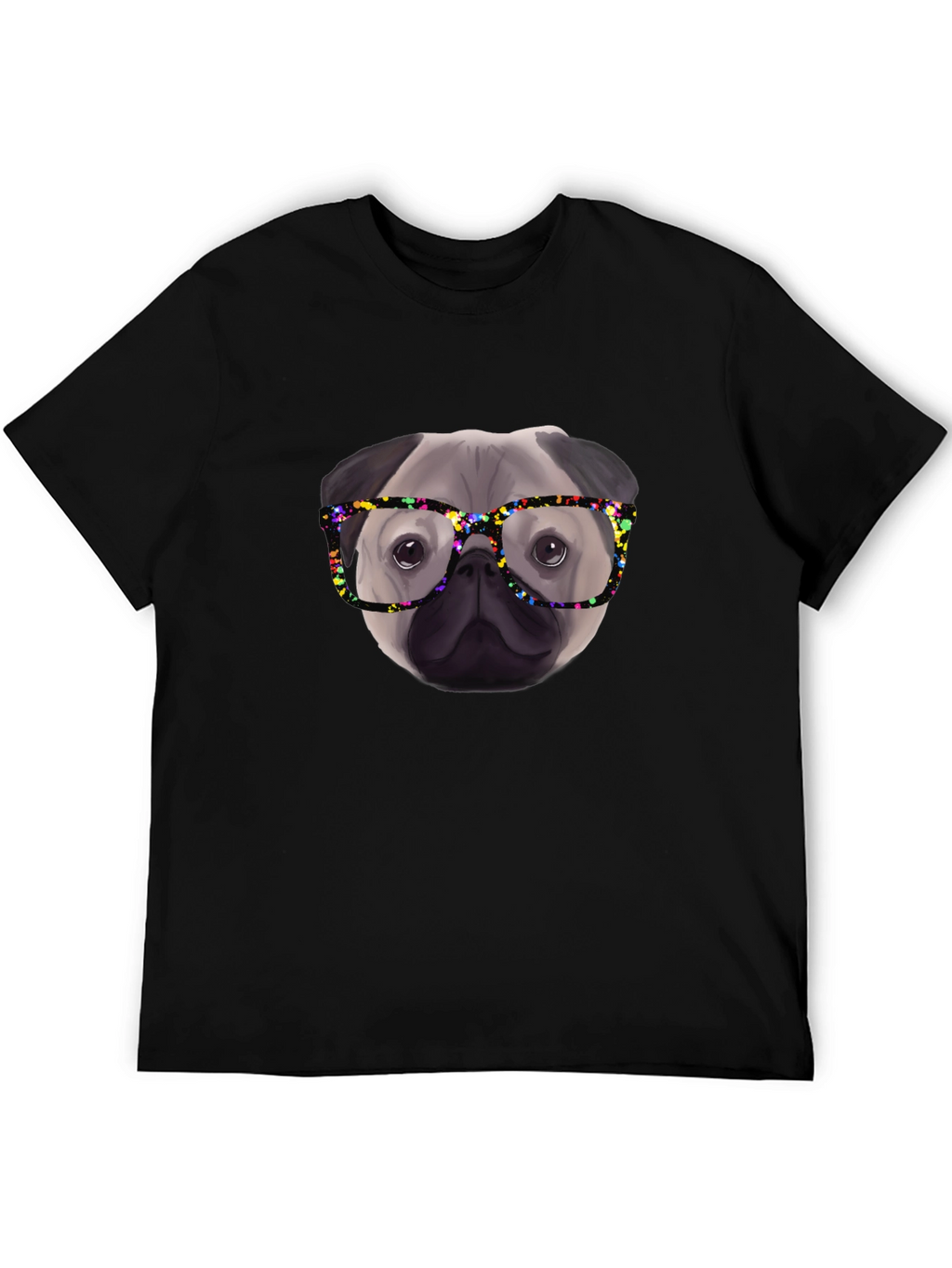 Pug with Glasses Black T-Shirt