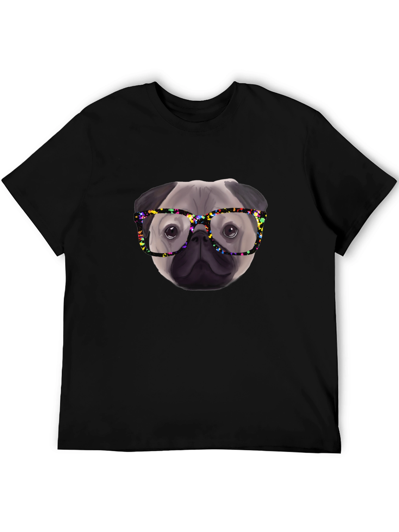 Pug with Glasses Black T-Shirt