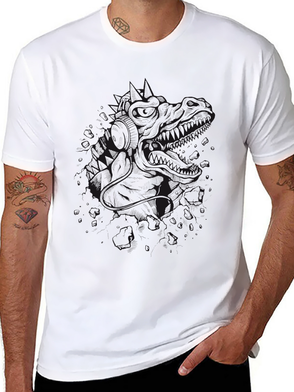 Mens Black Graphic Tee - Dinosaur Design