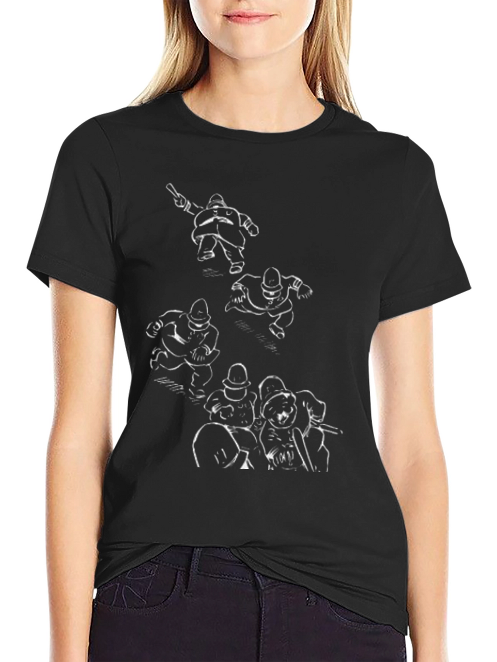 Cartoon Police Print Black T-Shirt